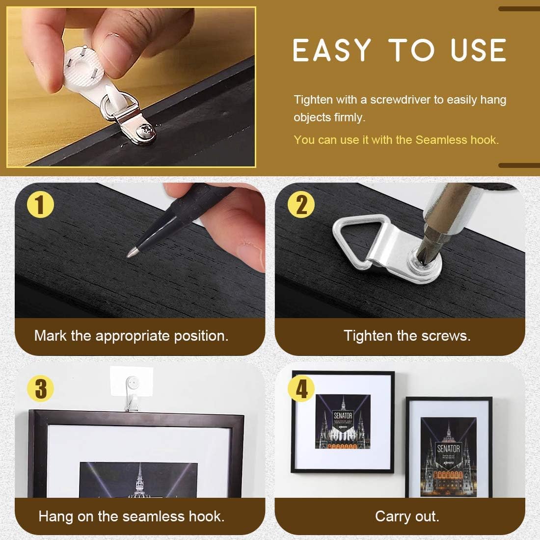 110Pcs Small Triangle Ring Picture Hangers Frame Hanging Hangers Single Hole with Screws for Wooden Frame and Cross Stitch