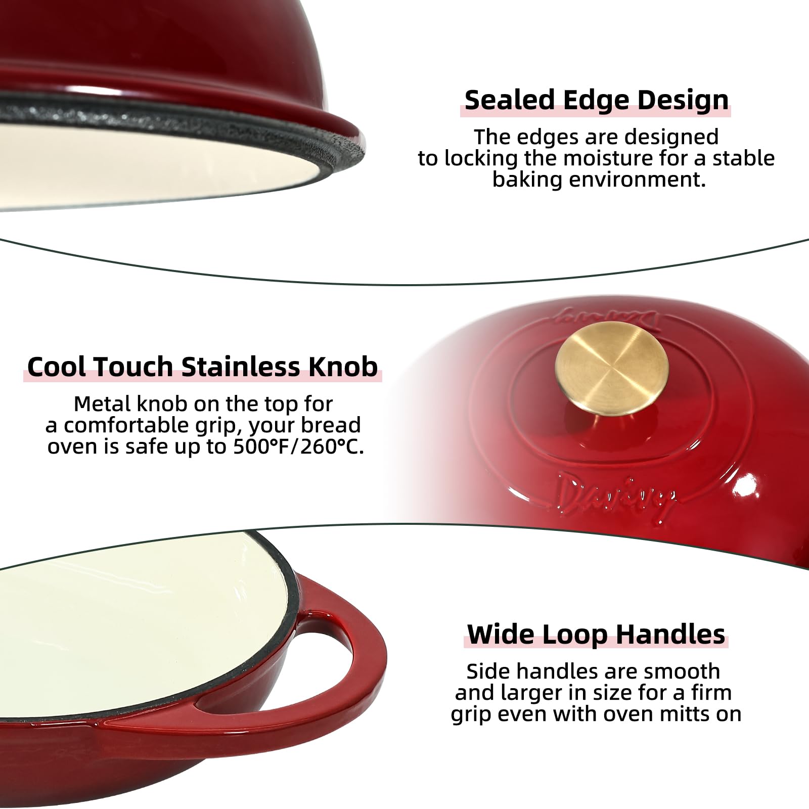 Davivy Forno olandese ovale in ghisa smaltata da 5,5 l, per pane a lievitazione naturale, pentola olandese con coperchio a cupola, pentola per il pane in ghisa (rosso rubino, con tappetino in silicone