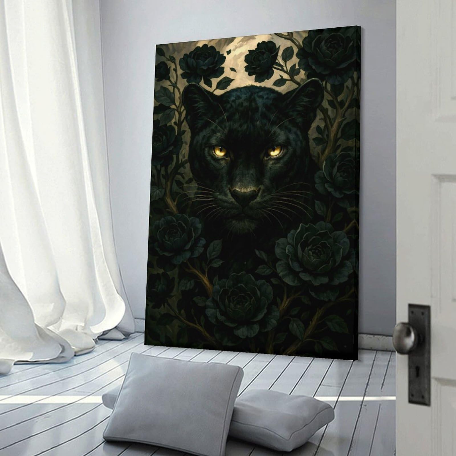 Junmoney Black Panther Surrounded by Dark Roses Wall Decor Canvas Print, 20x30inch(50x75cm), for Home Lounge, Bedroom Or Reading Nook, Decorative Artwork for Empty Walls