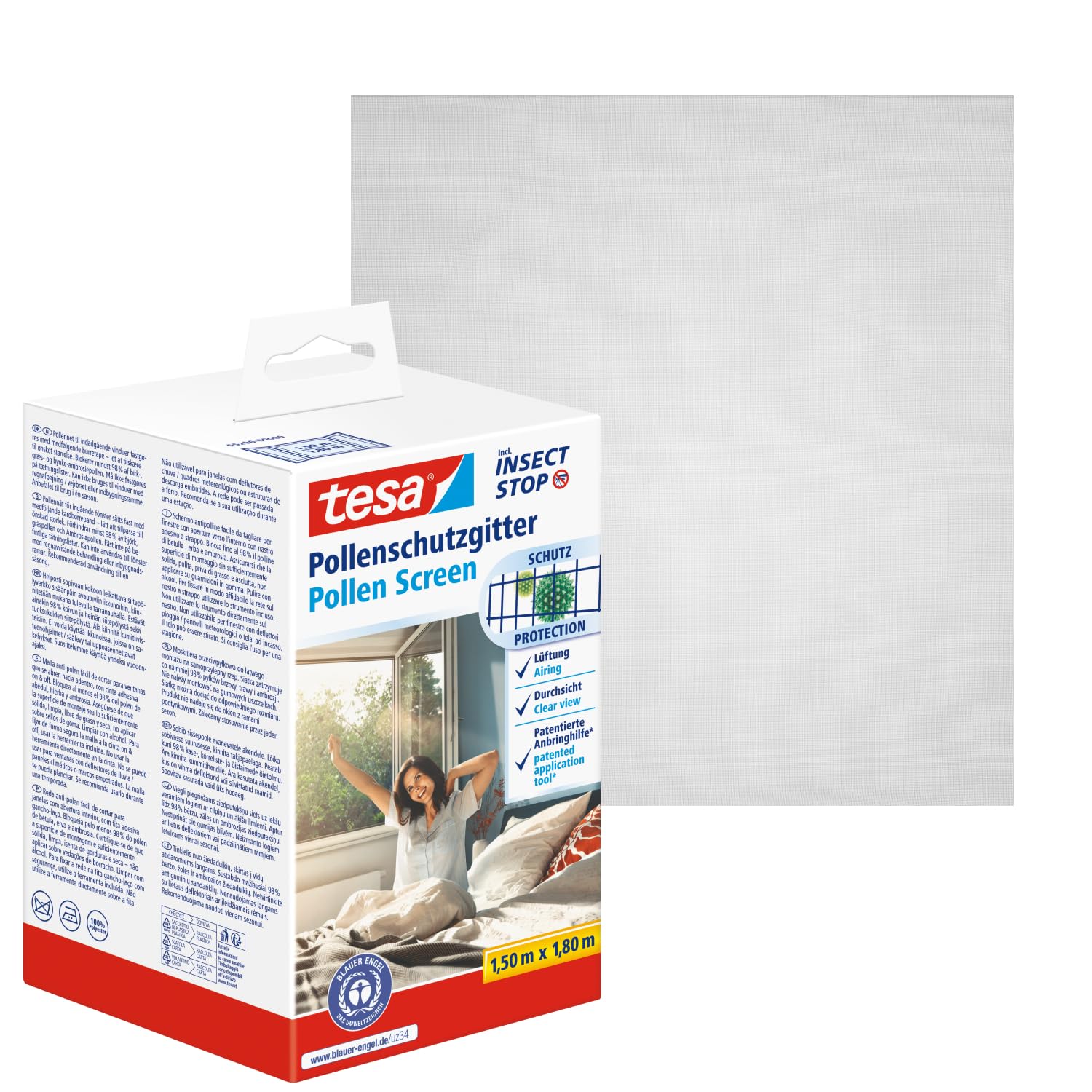 tesa INSECT STOP 2-in-1 Pollen- und Fliegengitter Premium - zuschneidbarer, transparenter Pollenschutz für Allergiker - inkl. selbstklebendem Klettband - Anthrazit - 150 cm x 180 cm