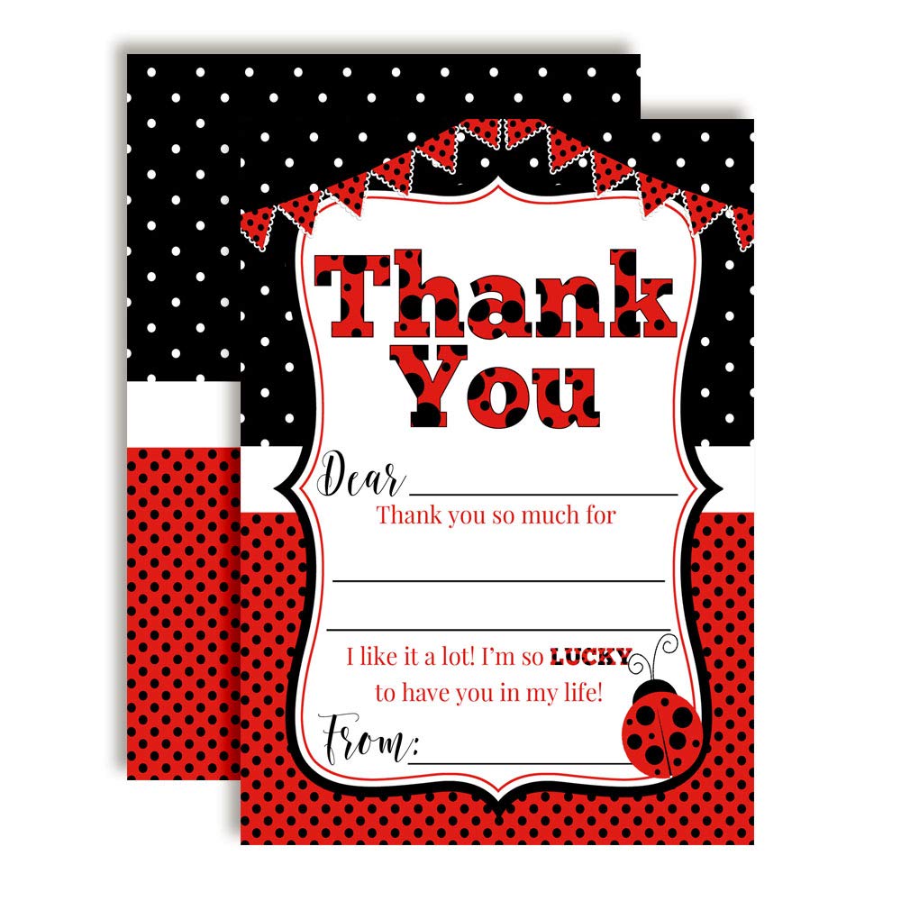 Amanda Creation Red Lucky Ladybug Thank You Notes for Girl’s Birthday, Ten 4" x 5.5" Fill In The Blank Cards with 10 White Envelopes