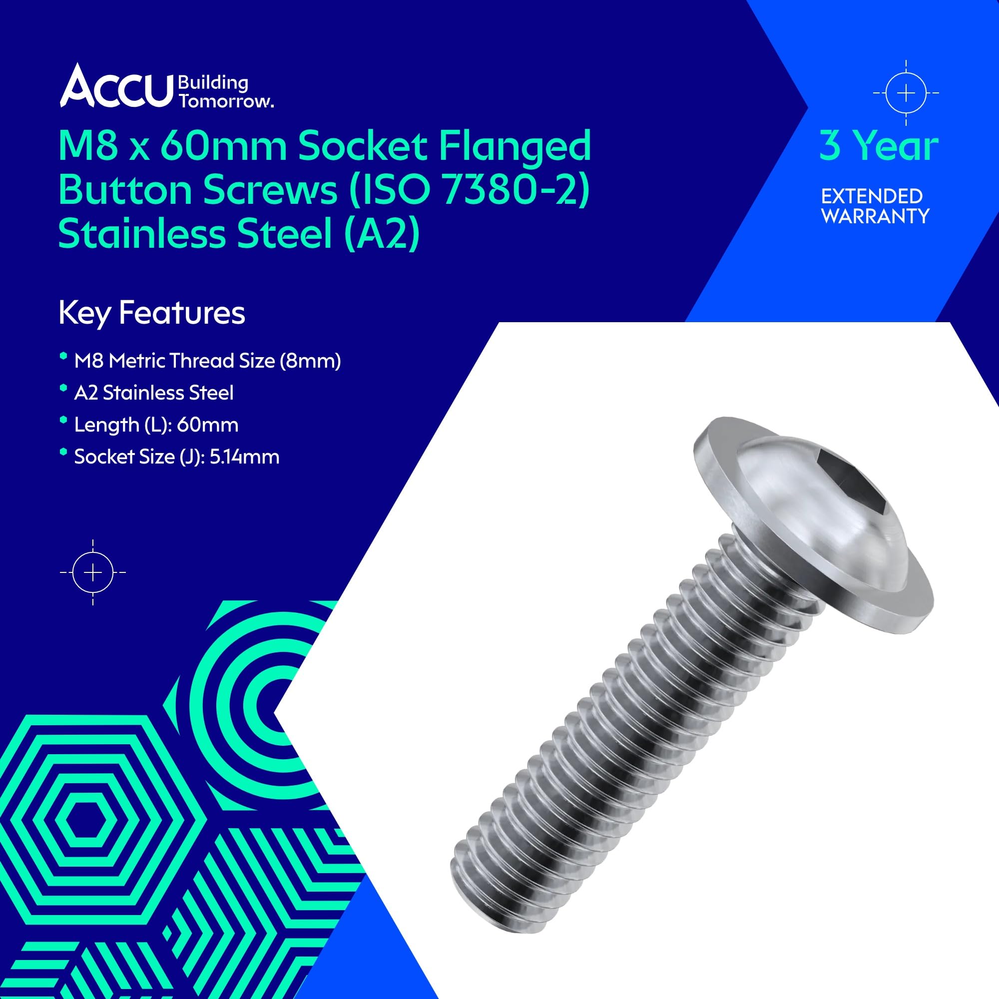 Accu - M8 x 60mm Socket Flanged Button Screws (ISO 7380-2) - Stainless Steel (A2) (Pack of 6) - Image 2