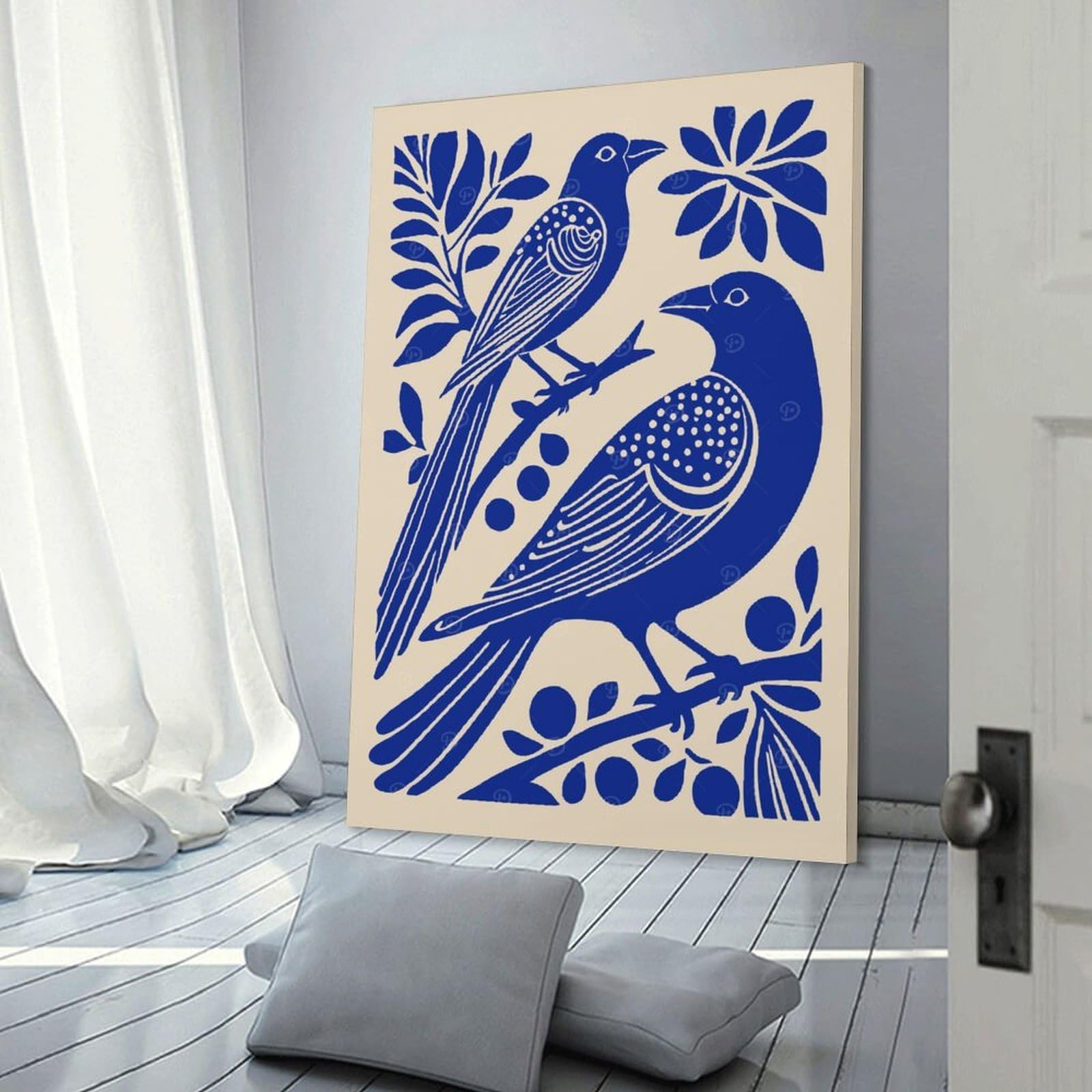 Junmoney Blue Bird Illustration Canvas Wall Picture 16x24inch(40x60cm), for Study, Office Or Focused Interiors, Home Office Artwork with Decorative Appeal