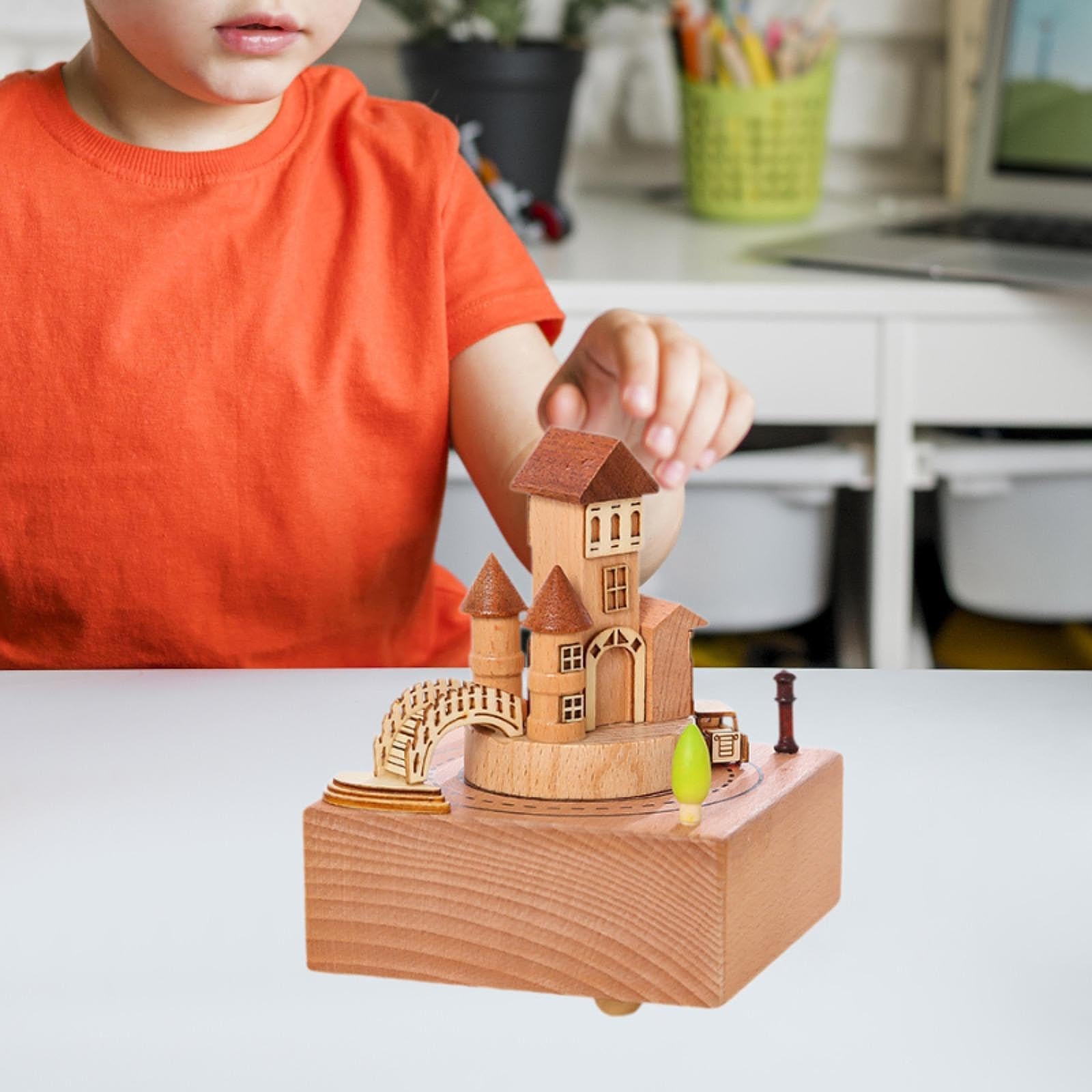 Milageto Caja de Música Giratoria, Regalos, Artesanías, Reproduce Música, Adorno de Madera Versátil, Diseño de Castillo