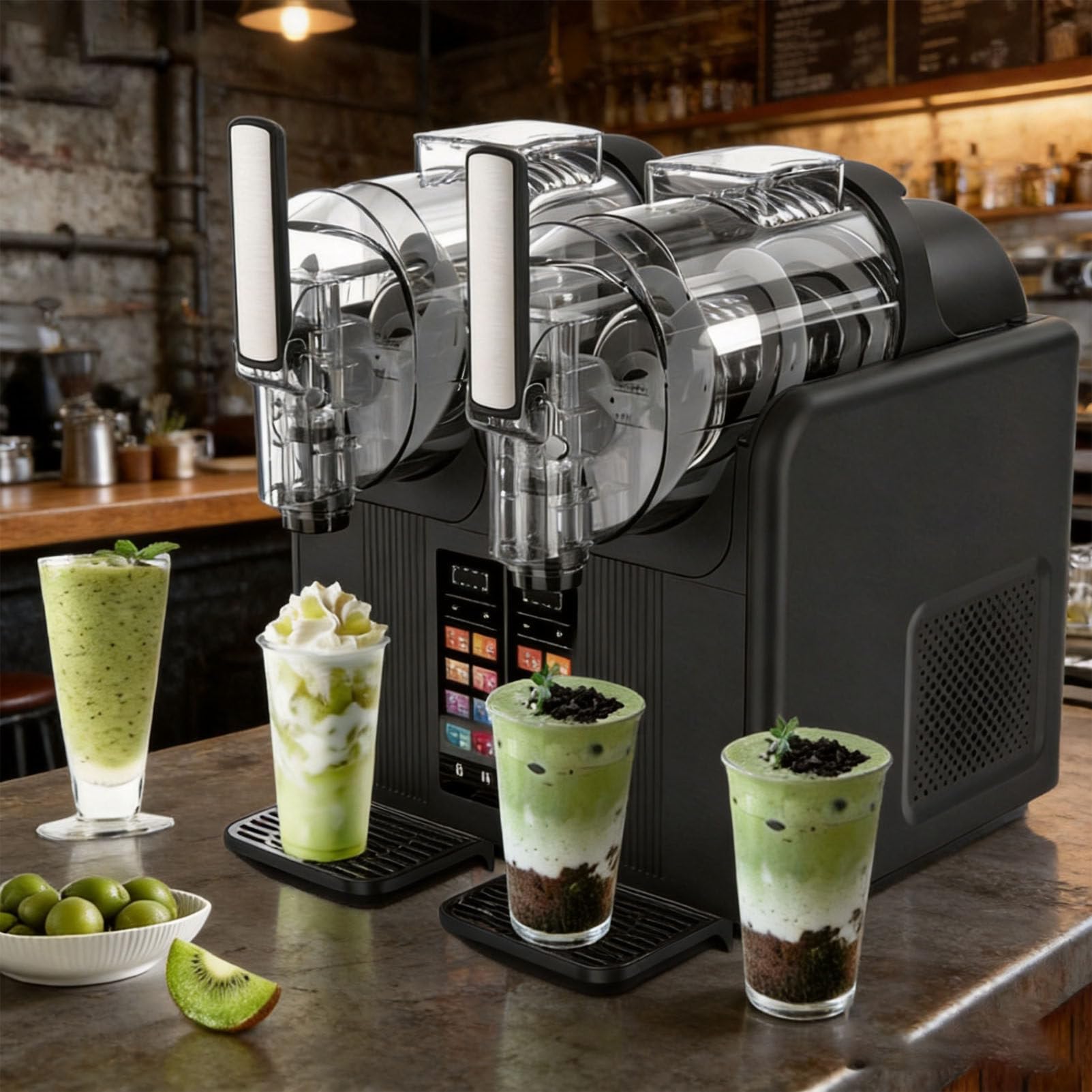 Pfps 430W Commercial Slushy Machine, Multi-Functional Frozens Slushie Machine, 2x0.53 Gal Tanks, Child Lock, Self-Cleaning, No Ice Needed, for Cafe Restaurant Black