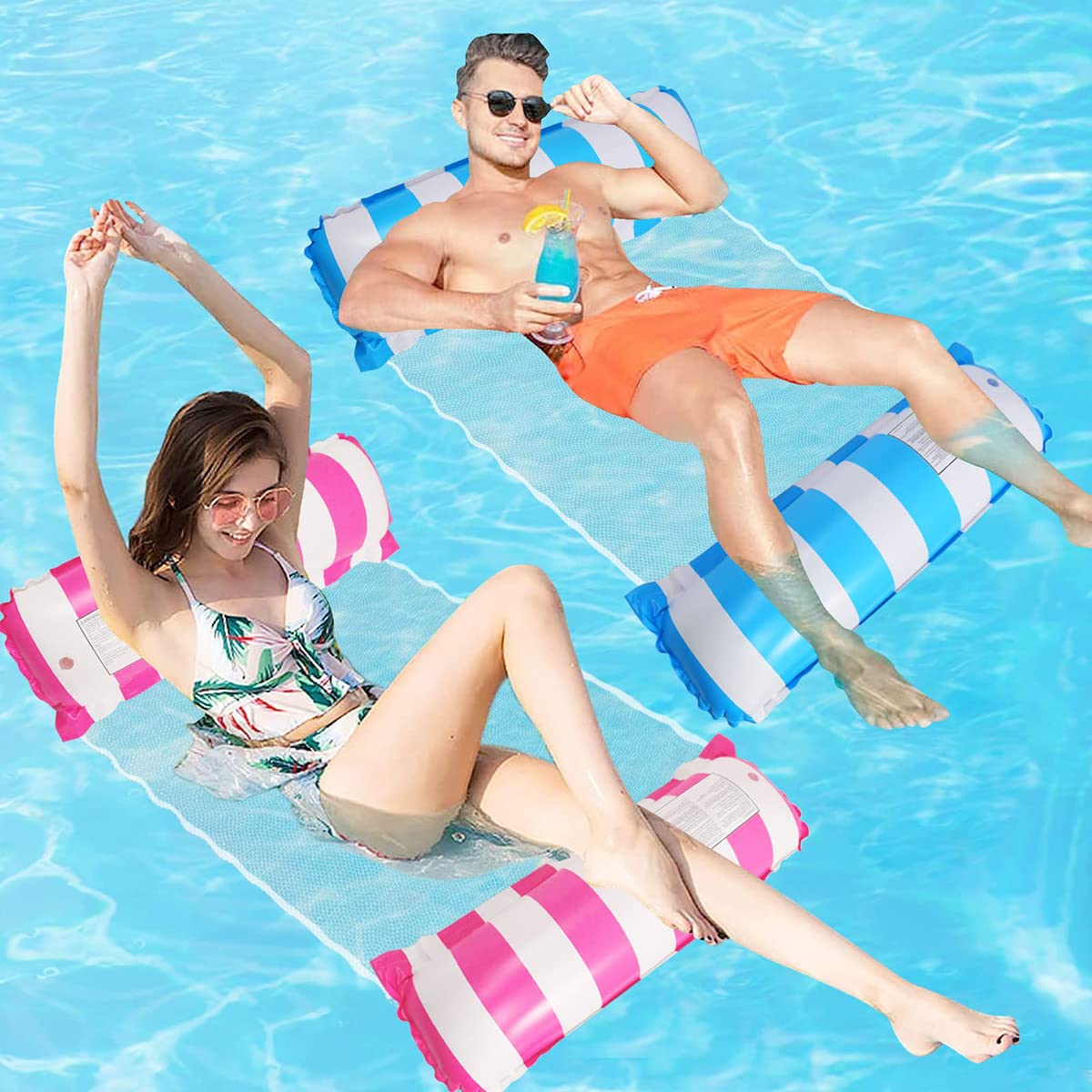– Swimming Pool Float Hammock 2 Pack, Pink and Lightblue 4-in-1 Multi-Purpose Inflatable Pool Float Fun Backyard Swimming Pool Saddle Chair Drifter for Adults and Kids