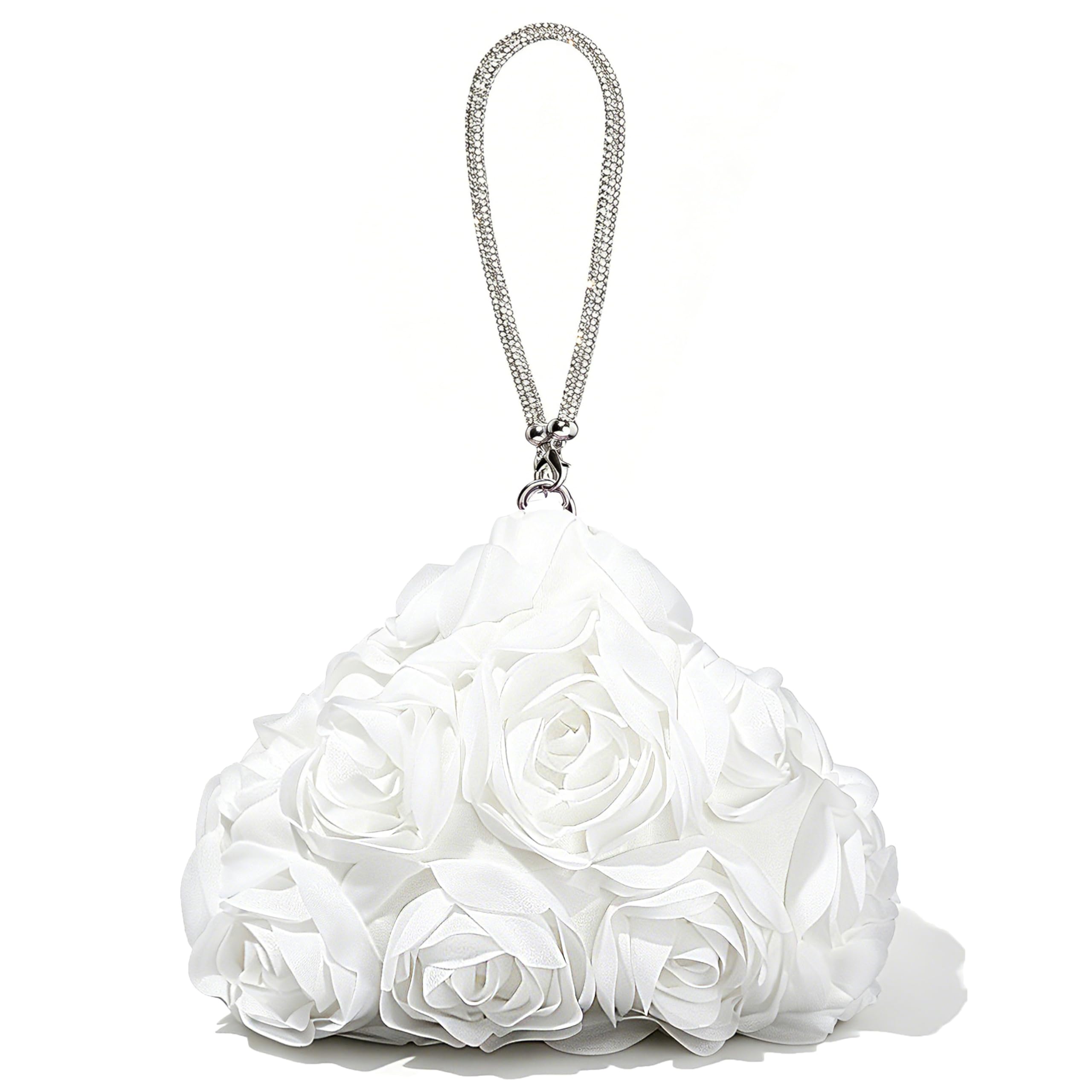 Coucoland Pochette da donna, borsa da sera con fiore di rosa, con manico in strass, per feste, matrimoni, formali