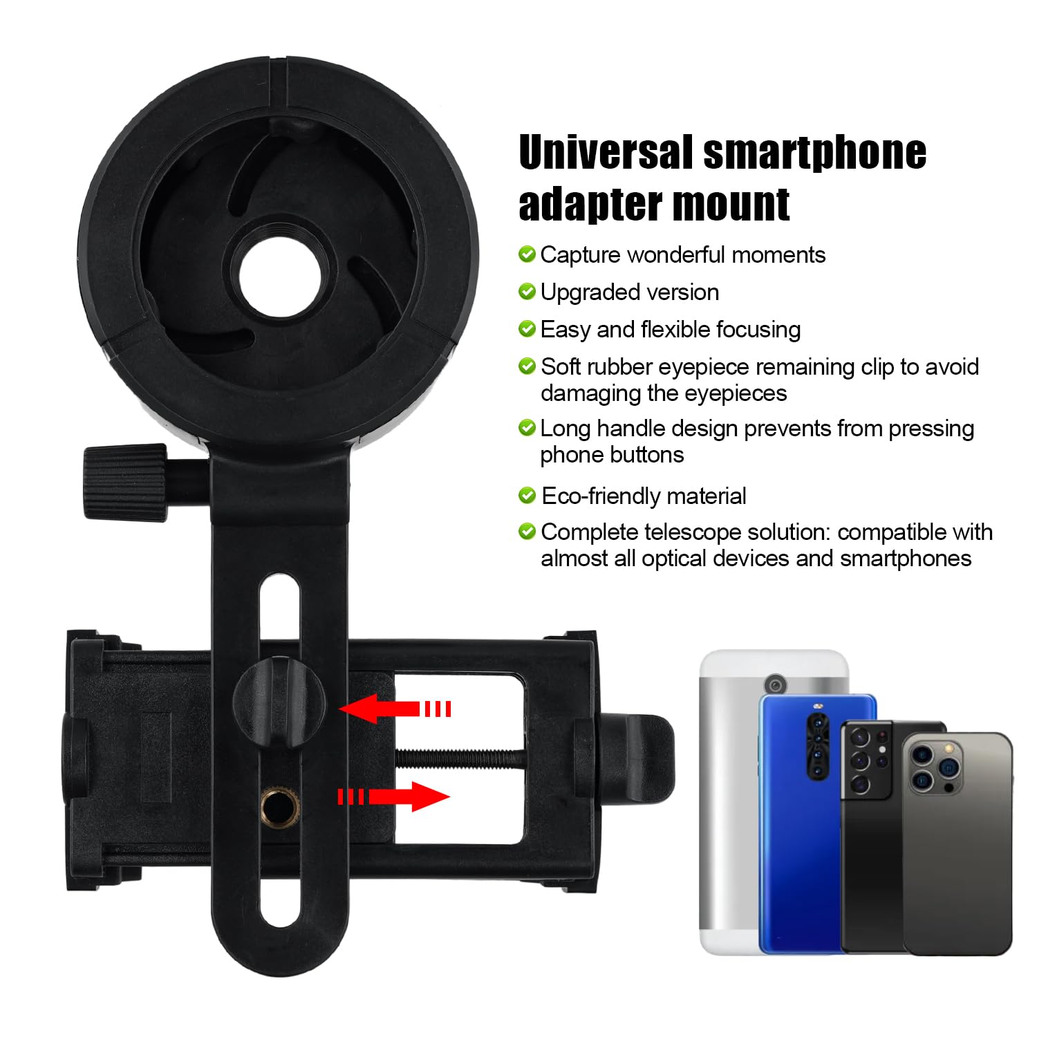 Adaptador Universal Movil Telescopio, Soporte Telefono Telescopio Terrestre Binoculares Monoculares Telescopios Microscopios - Accesorios para Telescopios para la Mayoría de los Teléfonos