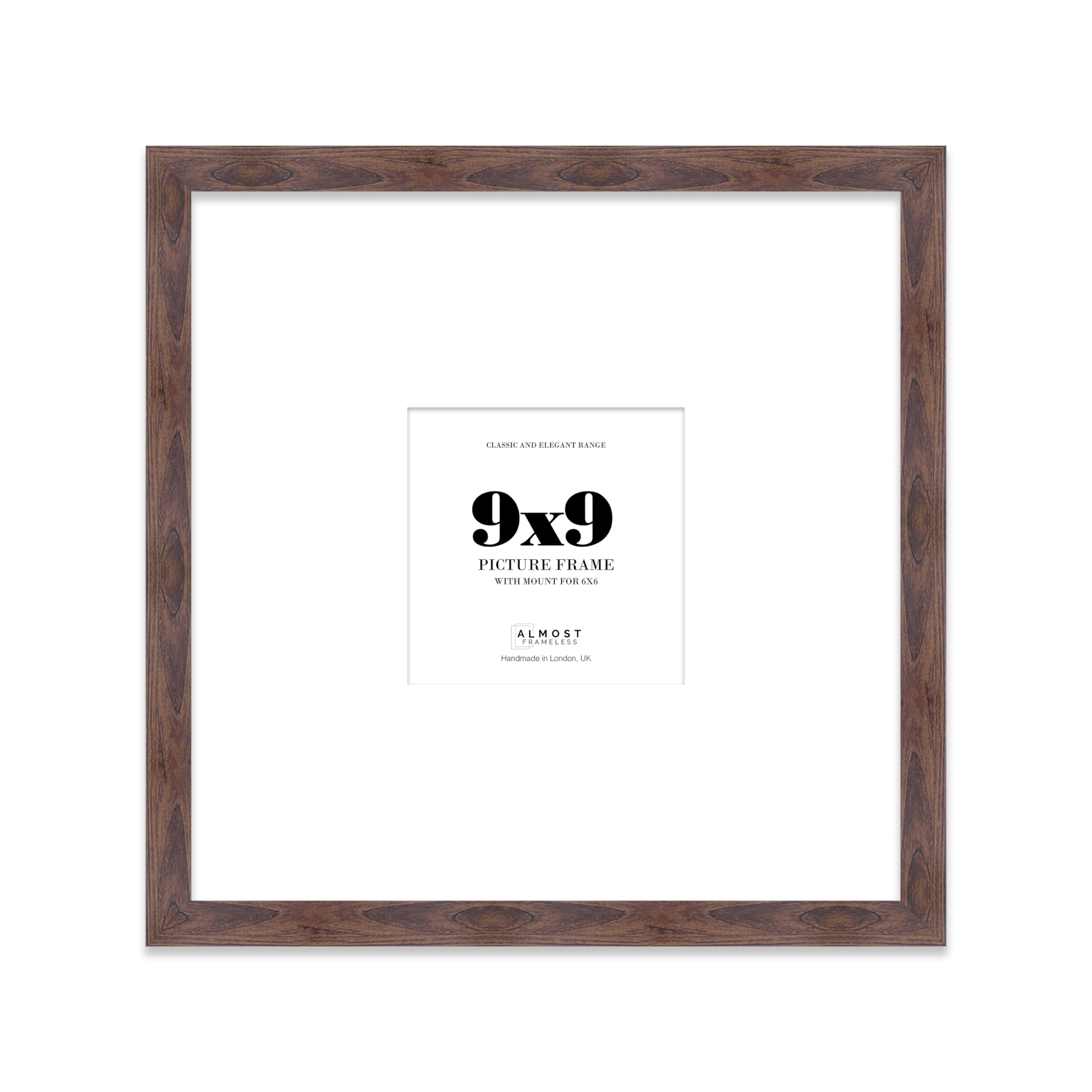 Almost Frameless 9x9 Square Picture Frame, Display Pictures 6x6 With Mat or 9x9 Without Mat, Wall Hanging & Free Standing Photo Frame, Walnut, 1 Pack