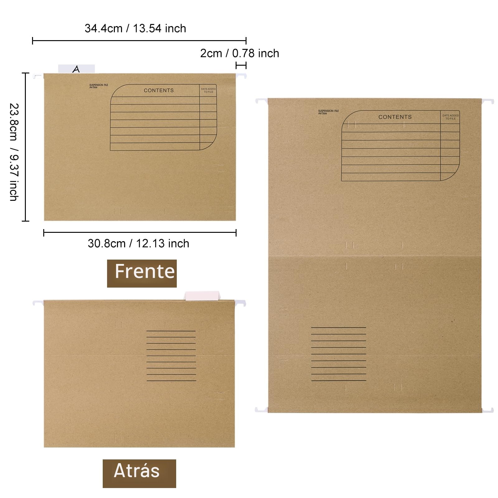 25 piezas Carpeta Colgante DIN A4 de Papel Kraft, con Pestañas de Plástico Transparente y Tarjeta en Blanco para Oficina, Escuela, Hogar (Marrón)