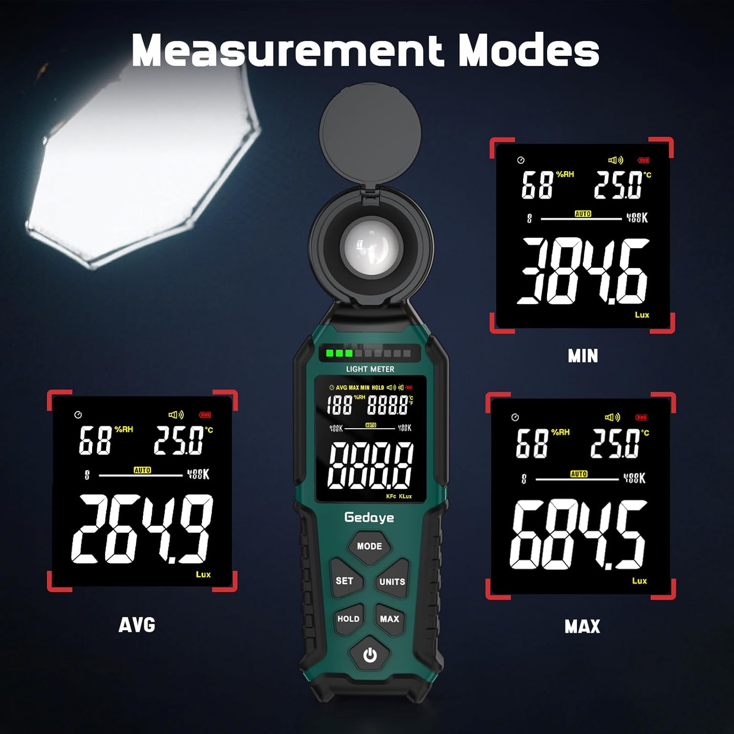 Light Meter Lux Foot Candles Meter 0~400,000 Lux Range, Large Backlit Display, Light Meter for Plants Luxmeter Light Meter Digital Illuminance Meter Handheld