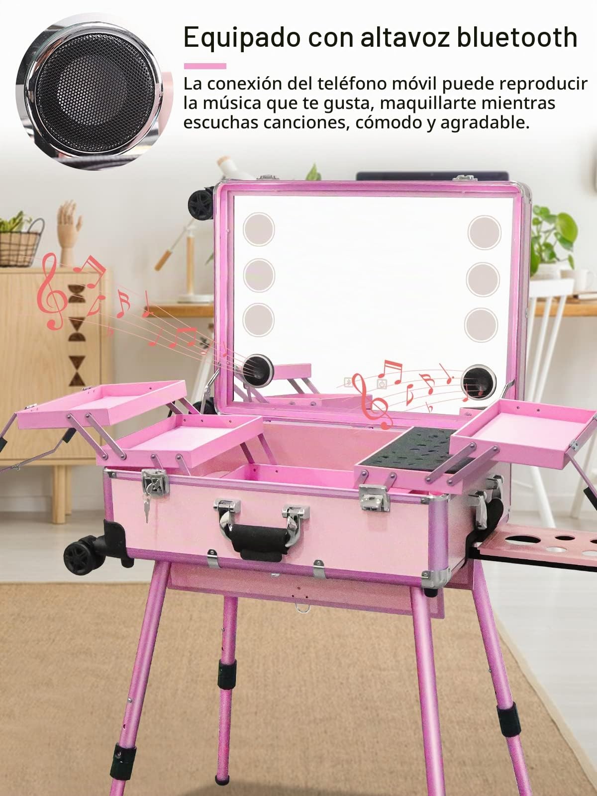 EBANKU Maleta de Maquillaje con Ruedas, Trolley con Luces LED y Bluetooth, Maletín Profesional de Aluminio para Maquilladores (Rosa)