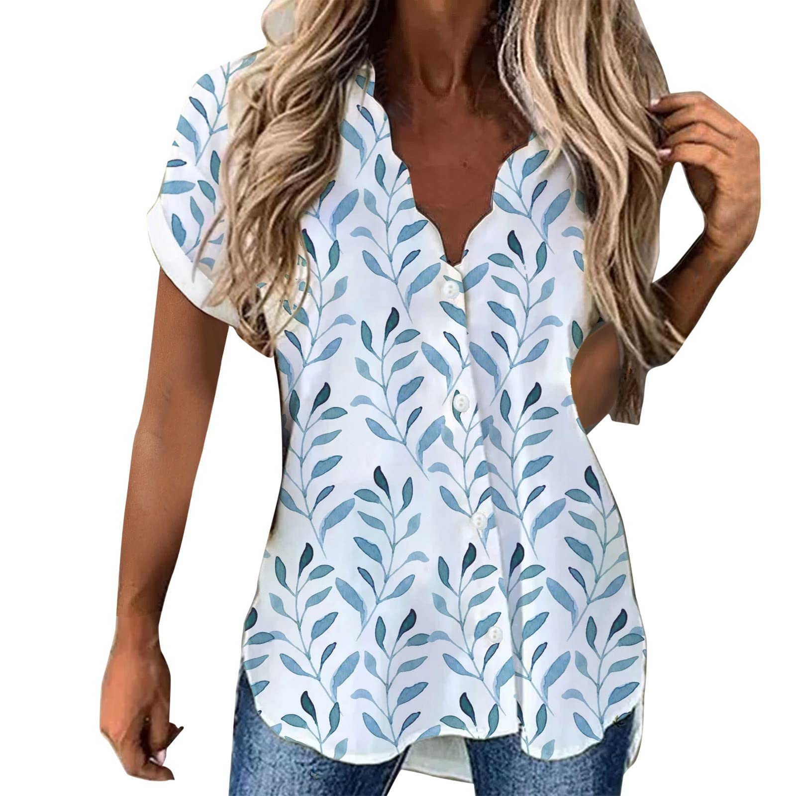 Xiloccer Sexy Blouses for Women Turn Down Collar Lapel Pullover Printed Loose Fashion Casual Floral Print Short Sleeve Blouse