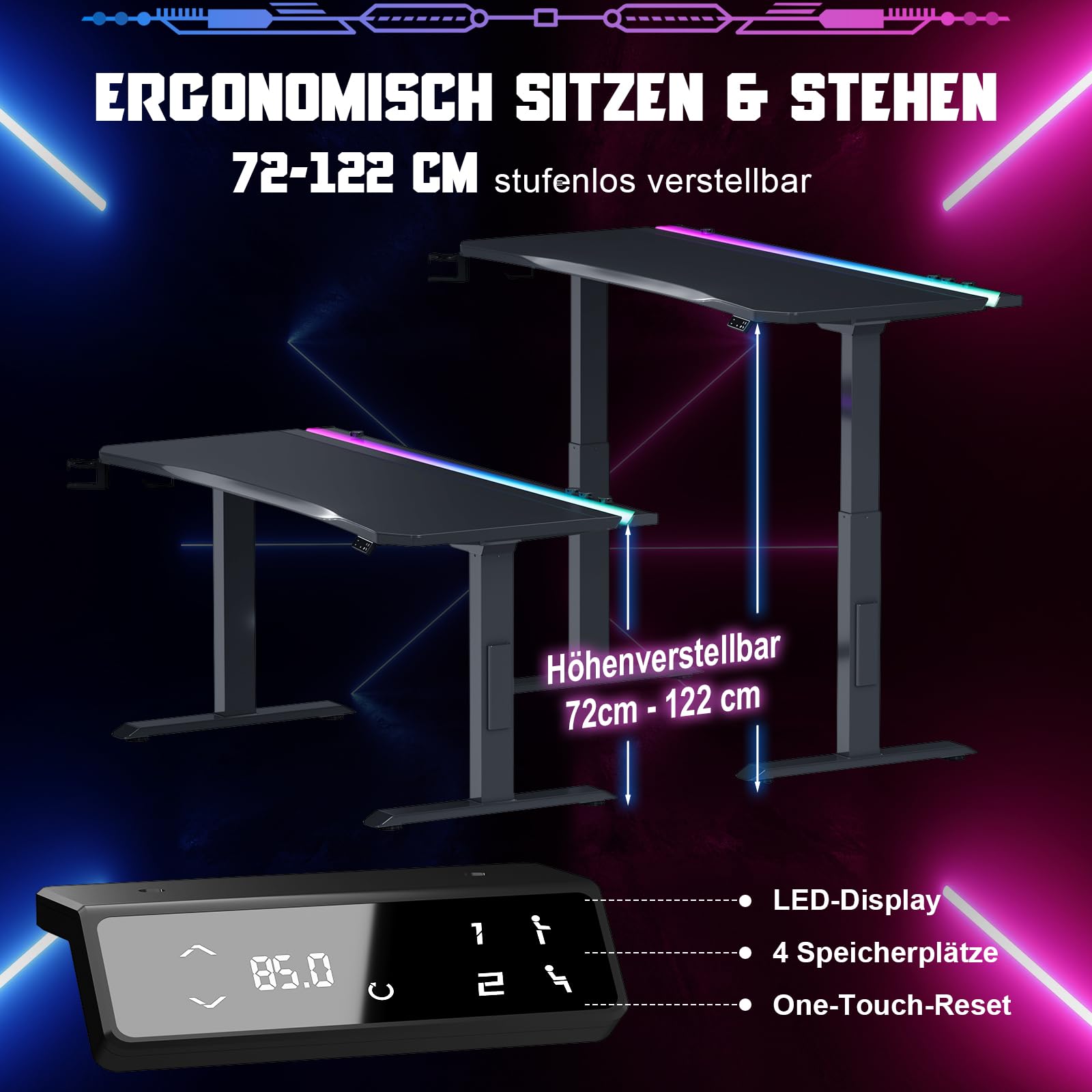 Devoko Höhenverstellbarer Schreibtisch,160x70cm Gaming Schreibtisch mit 20 mm Dicker hautfreundlicher Tischplatte,Dual-Motor Leiser Stehschreibtisch mit LED Lichtleiste & Kabelmanagement