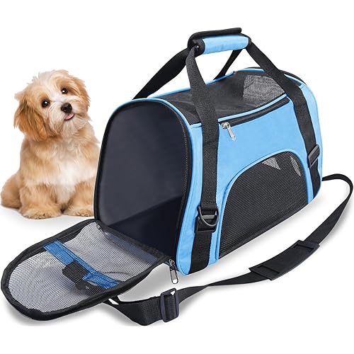 Pet Travel Carriers for Cats and Dogs Rabbits, Soft Sided Portable, Zipper Lock Collapsible Cat Carrier Puppy Kittens Bag with Shoulder Strap (M - 47x27x28 CM for Max 5KG Pet, Blue)