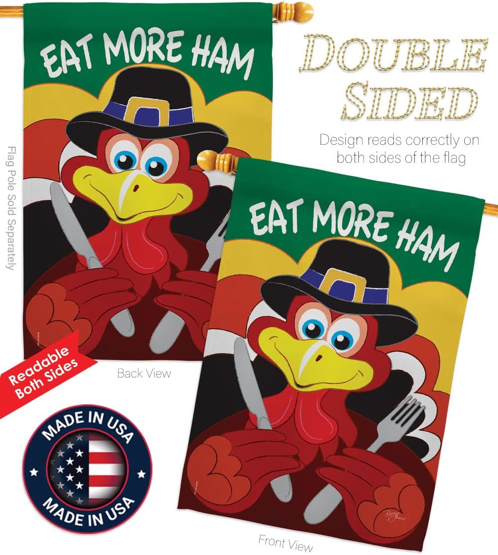 Breeze Decor Eat More Ham Fall Thanksgiving Decorative Vertical House Flag, 28" x 40", Multicolor
