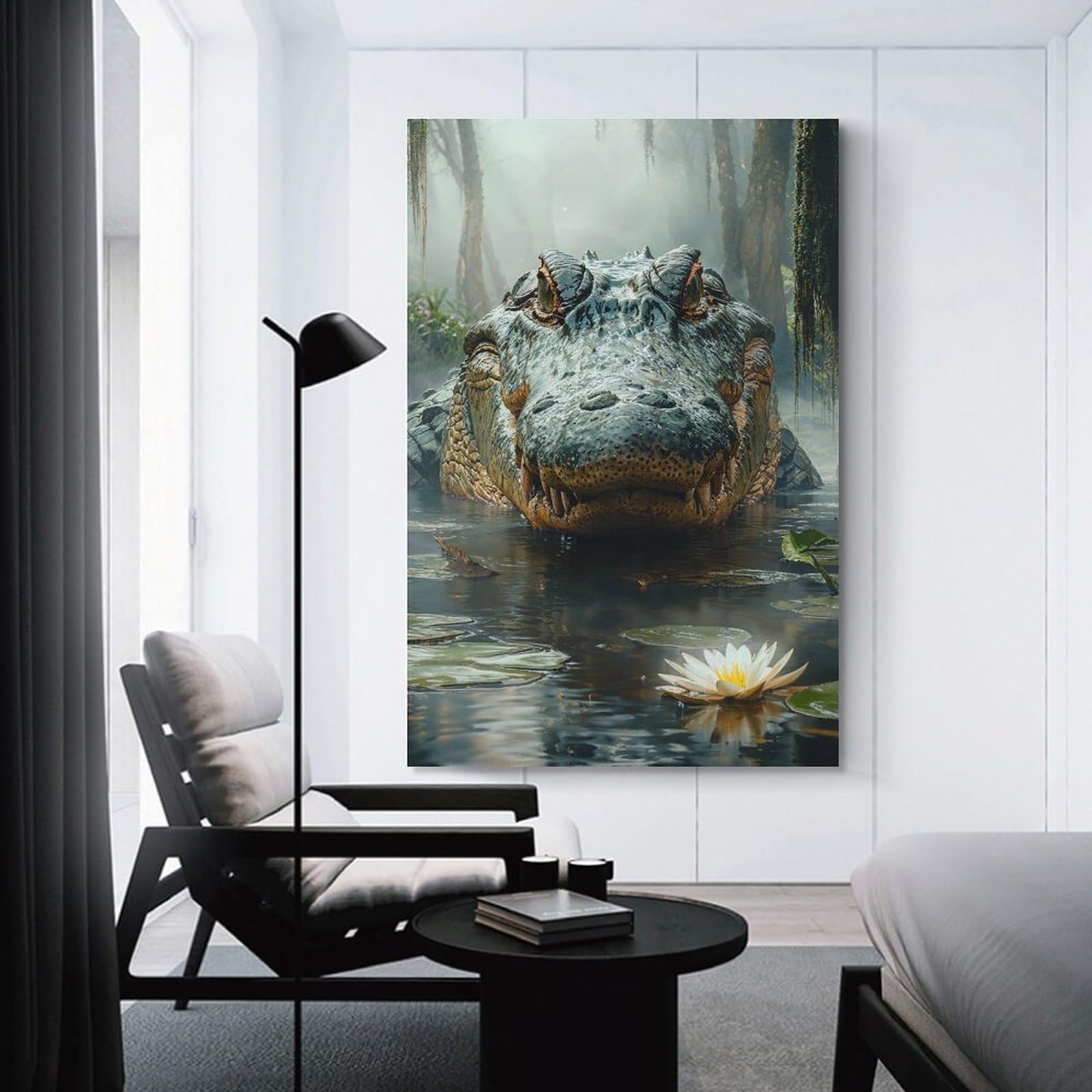 Junmoney Alligator in Swamp with Lily Pad Home Decor Wall Art 24x36inch(60x90cm), for Office, Study Or Home Workspace, Home Office Artwork with Decorative Appeal