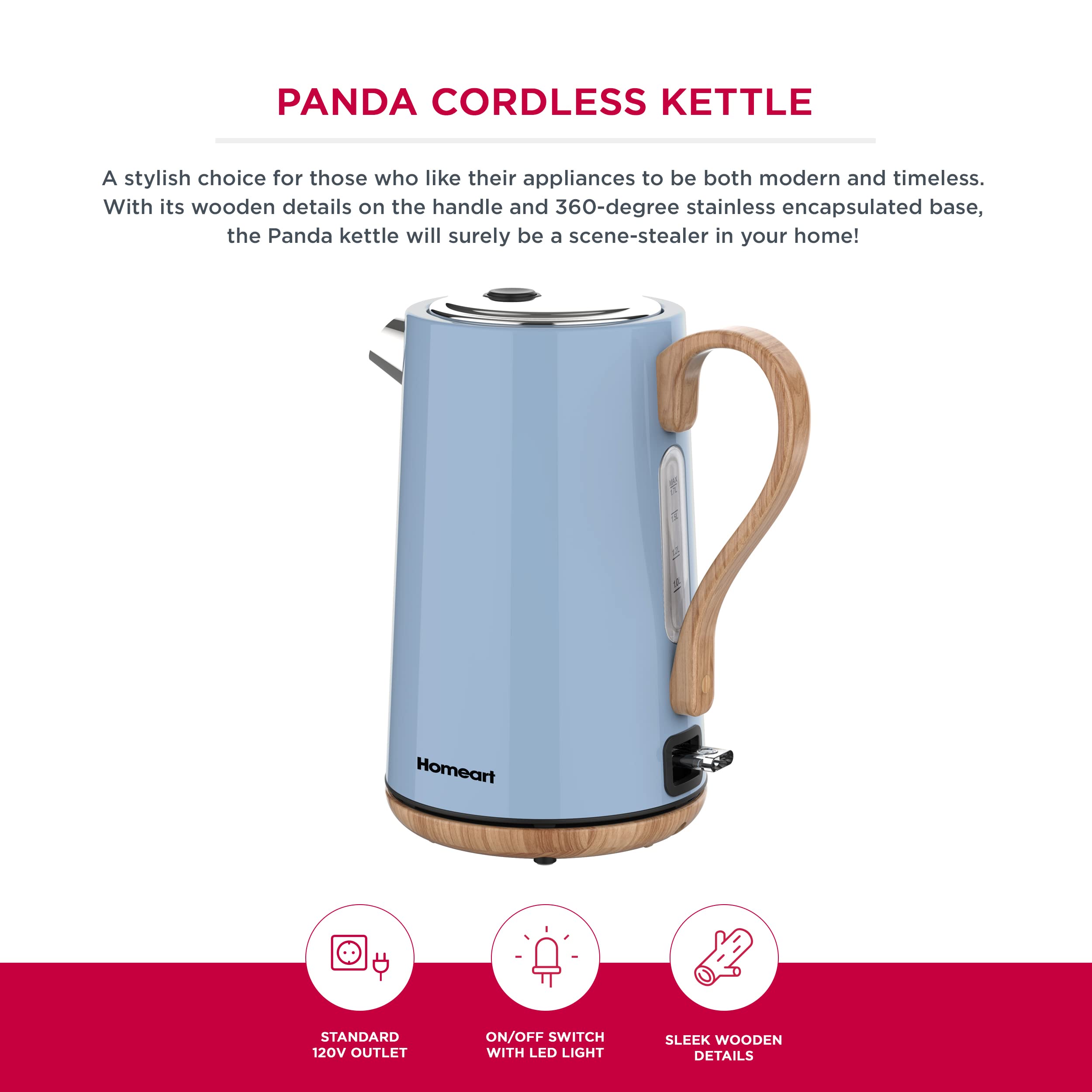 Homeart Panda Cordless Electric Kettle with Wood Detail - Stainless Steel With Removable Filter, Fast Boiling and Auto Shut-off - 1.7L Capacity, Powder Blue