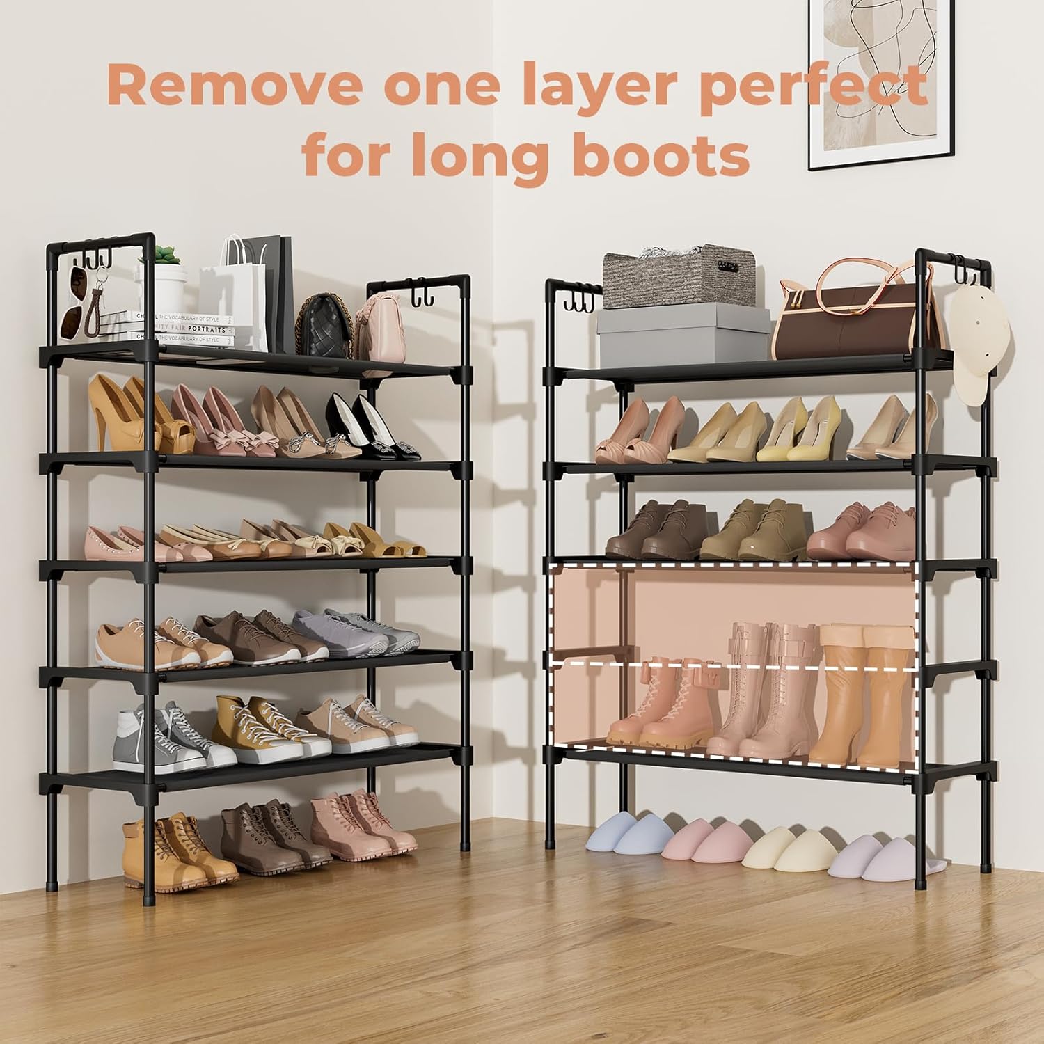 LANTEFUL 5 Tier Shoe Rack for Closet Shoe Organizer with 5 Hooks, Long Shoe Shelf Storage for Shoe and Boot Stackable Free Standing Shoe Rack for Entryway, Garage, Small Spaces, Dorm, Black