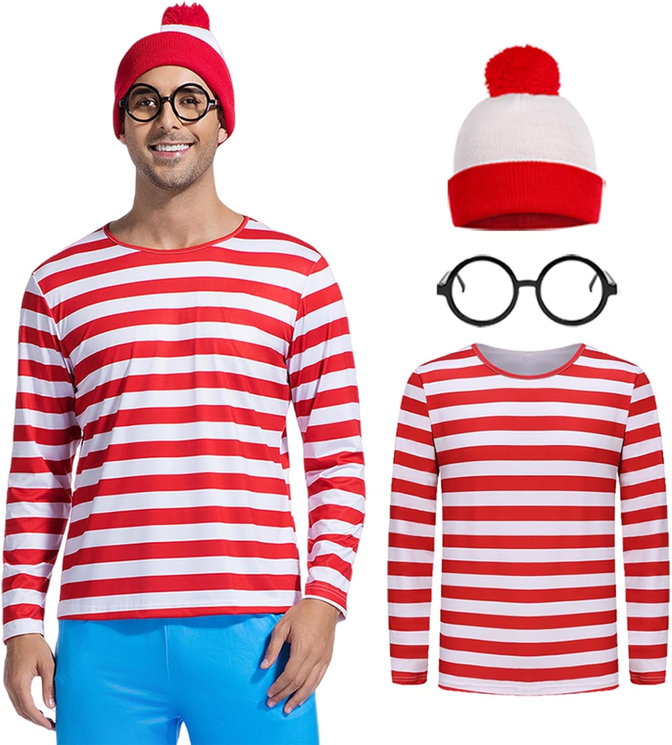 Product image of Adult Couple Costume Men Halloween Costumes Wally Cosplay Red White Striped Tee Shirt Suit Outfit with Glasses Hat