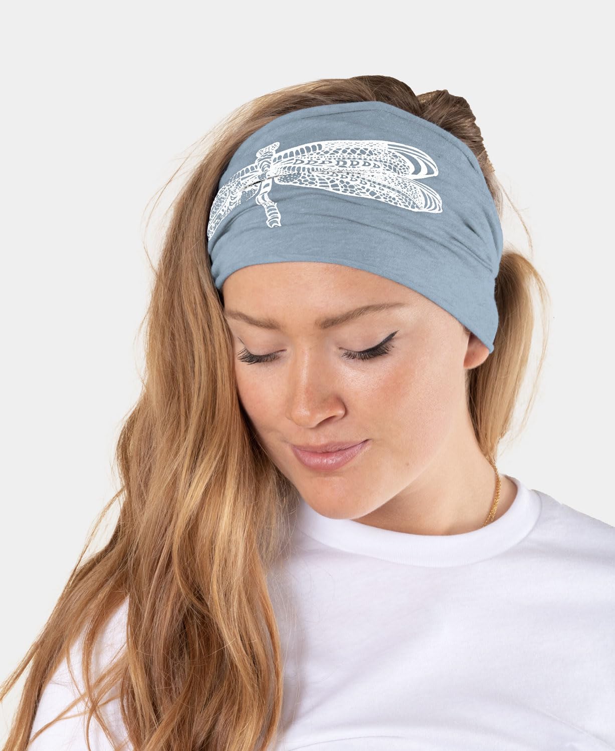 Soul Flower Dragonfly Boho Headband, Raw Edges, Organic Cotton Stretchy Wide Half Bandeau Accessory (Dragonfly - Heather Sky)