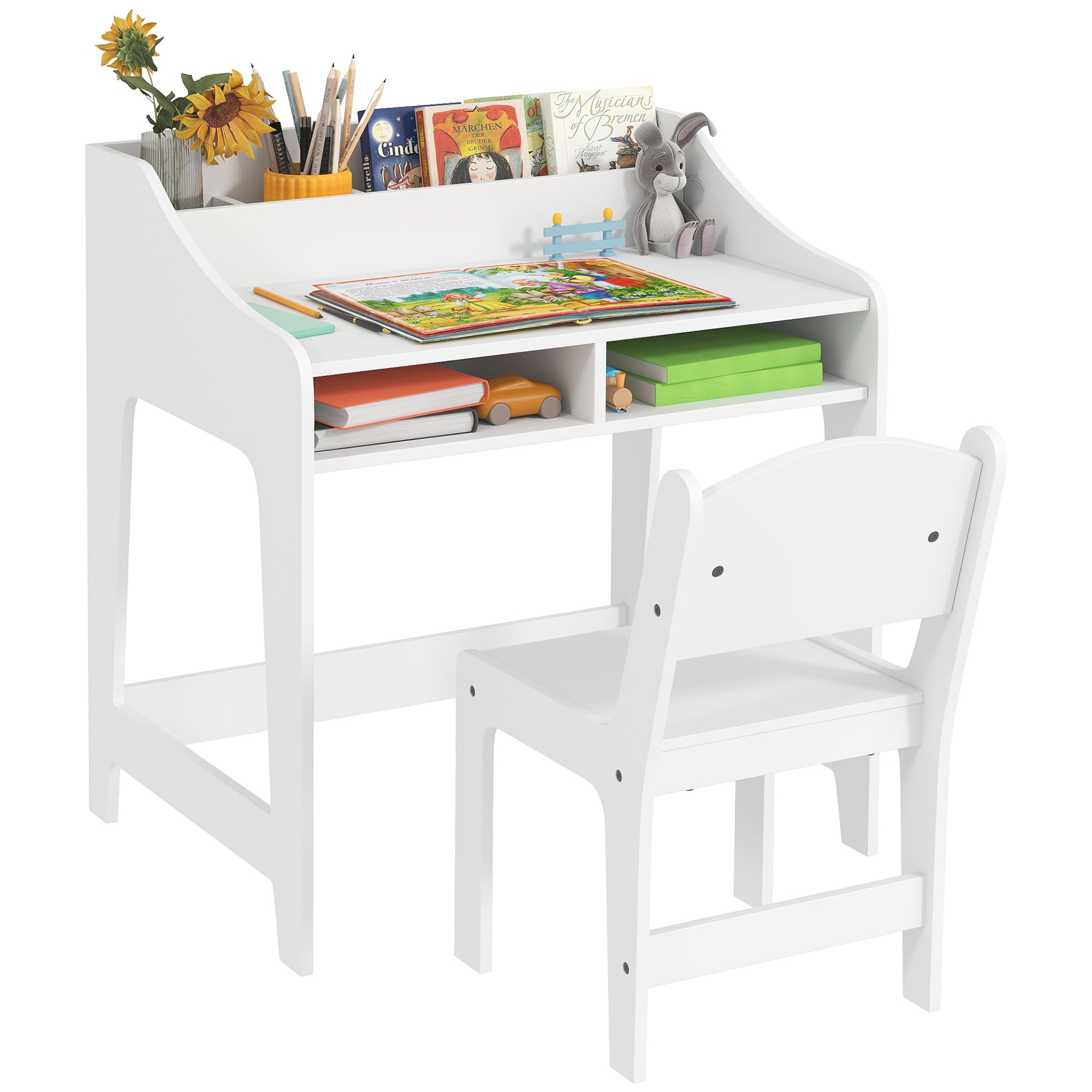 AIYAPLAY Conjunto de Escritorio y Silla para Niños de 3 a 8 Años con Compartimentos Abiertos y Estantes para Dormitorio, Sala de Juegos, Habitación, Blanco