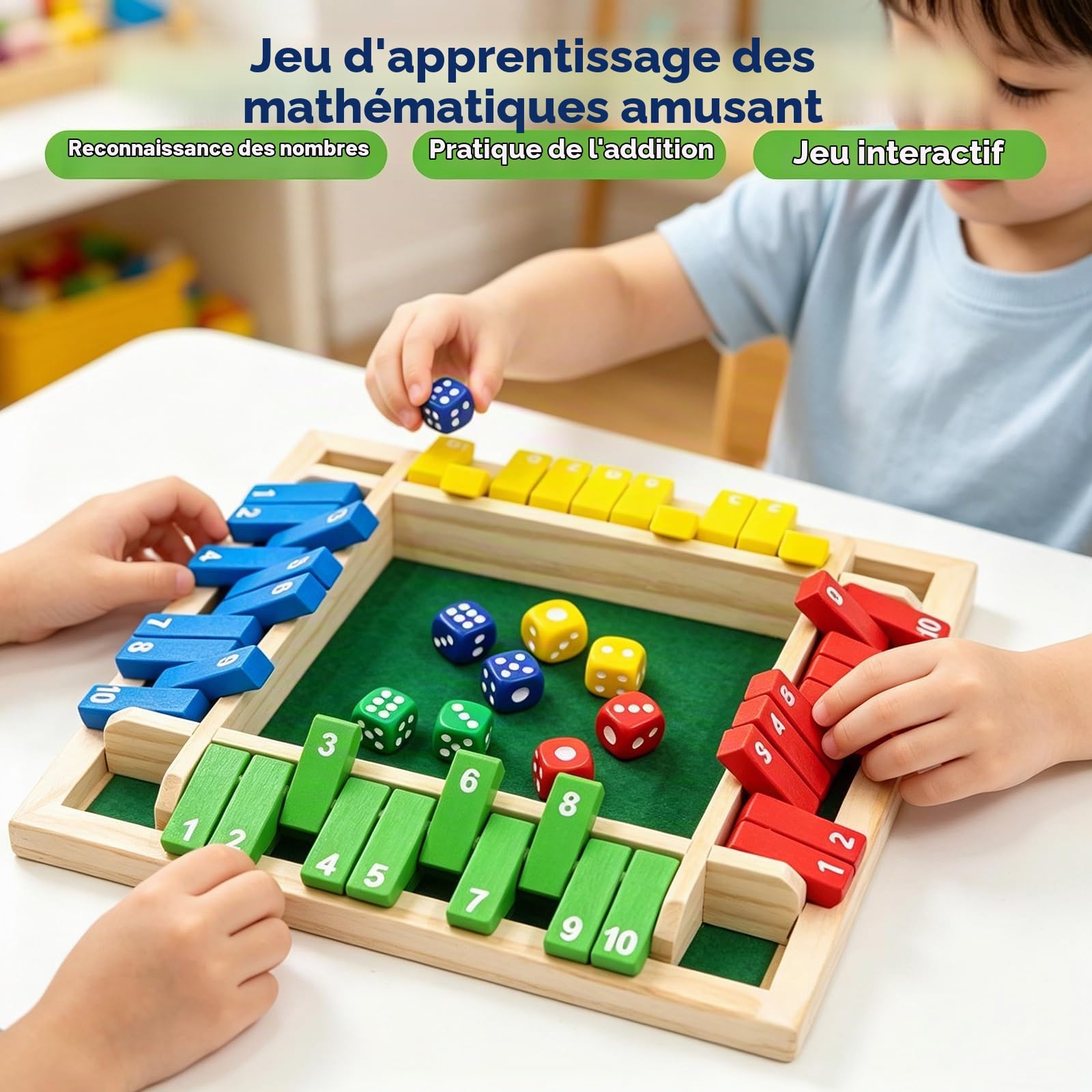 Shut The Box 4 Joueurs En Bois - Jeu De Dés Classique - 8 Dés Inclus - 22,5 X 22,5 Cm - Vert - Réflexion Et Calcul - Idéal Famille, Bar, Fête