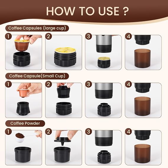 SOPPY Portable Coffee Machine with Coffee Drip Stand, Espresso Machine, Camping Mini Coffee Machine, Capsule Machine, Self-Heating, Compatible with Ground Coffee & Coffee Capsules, Grey