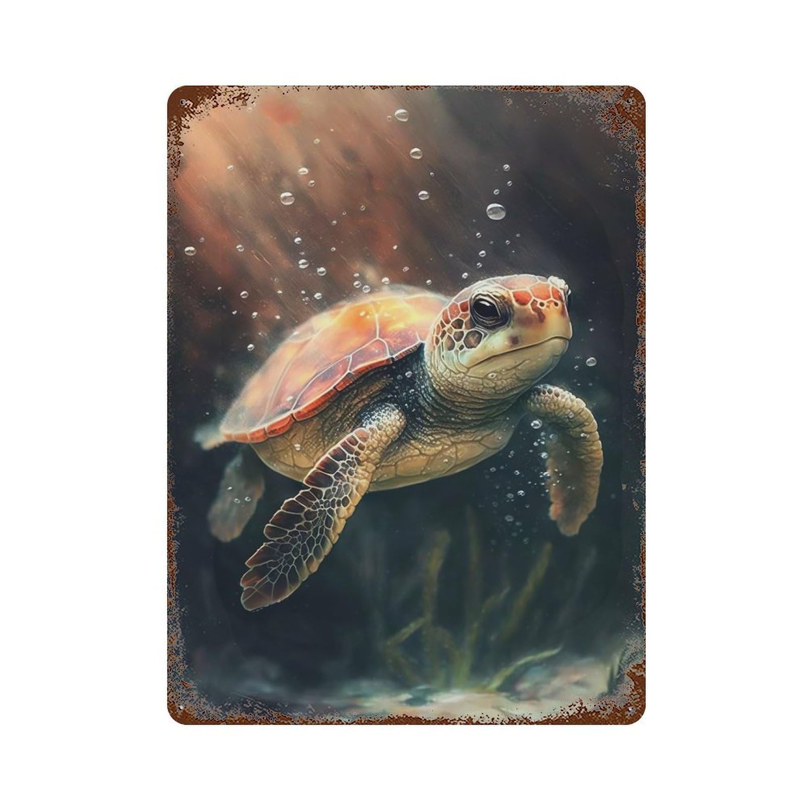 Rust Effect Turtle Watercolor Drawing Distressed Metal Wall Sign 15.7"x11.8", Decorative Metal Wall Art for Living Room, Hallway And Home Decor