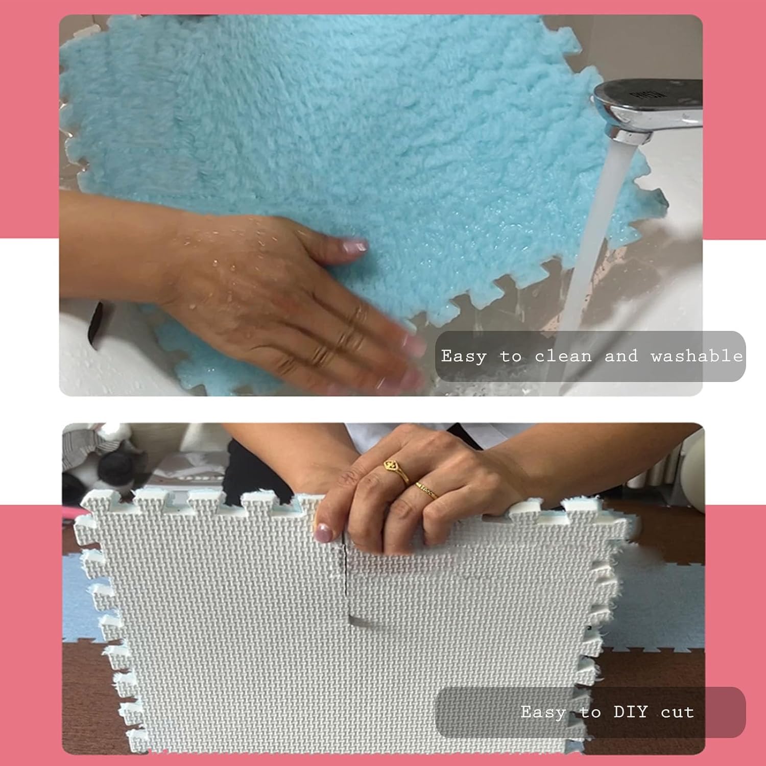 Packung mit 24 ineinander greifenden Plüschschaumstoffmatten, quadratische Bodenpuzzle-Schaumstoffmatten(White+Pink+Gray,30x30x0.6cm)