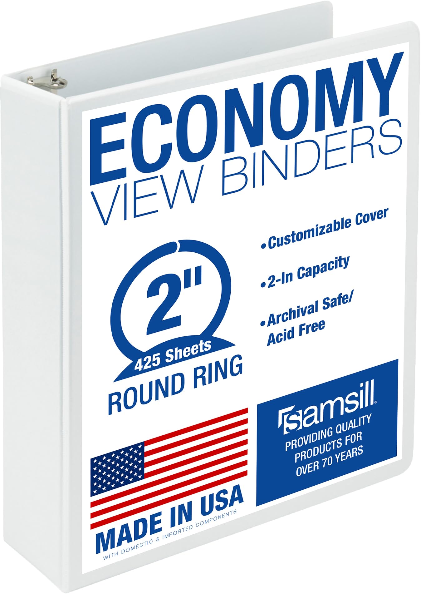 Samsill 2 Inch 3 Ring Binder, Economy Round Ring, Clear View Cover, 425 Sheet Capacity - for School, Home, Office - Pearl White