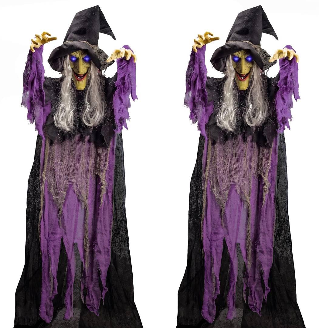 Adult Halloween Cackling Witch Animatronic Prop Light-Up Eyes Purple Pack 2