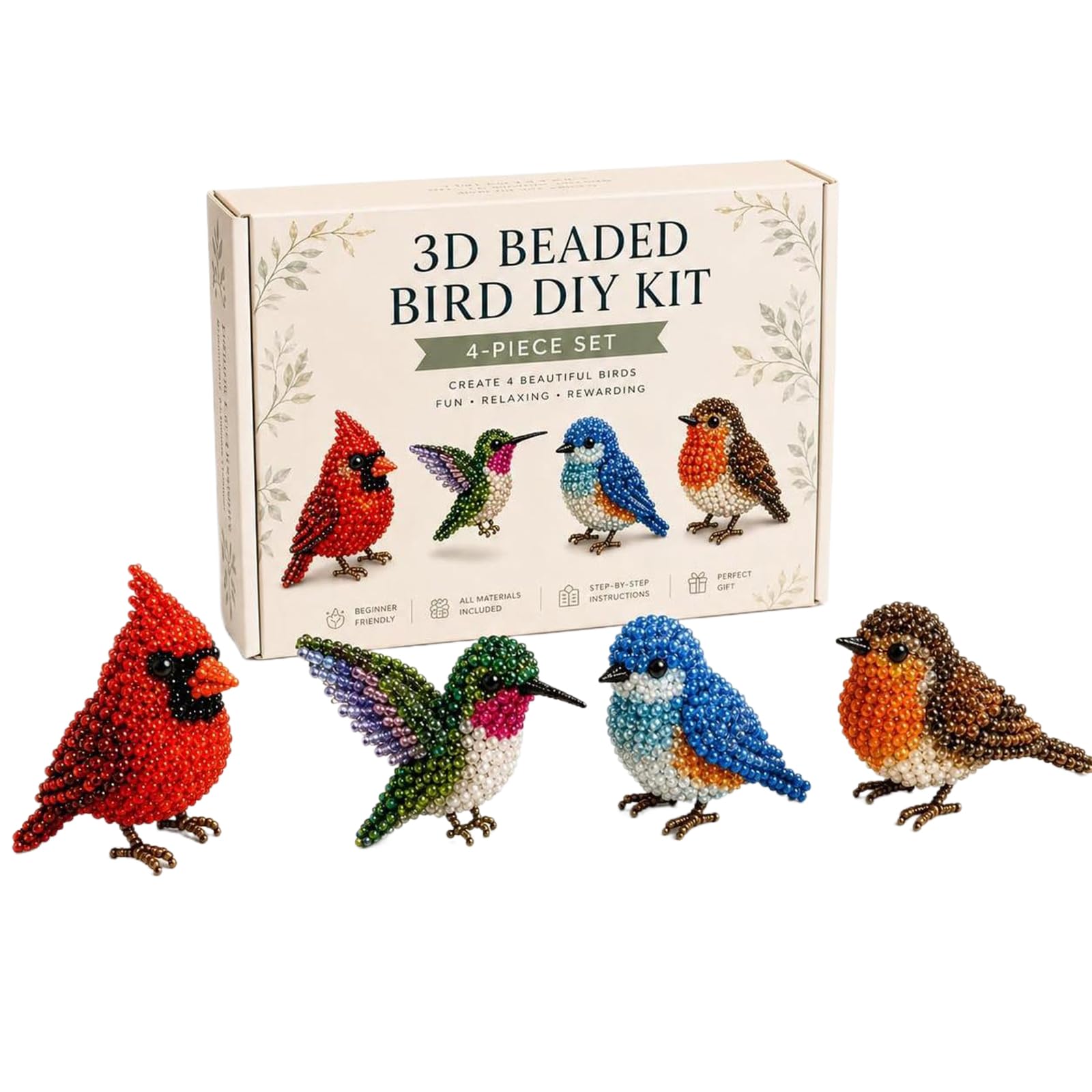 Mnuwoee Tiny 3D Beaded Animal DIY Kit Beaded Kits Adults 4 Bird Designs