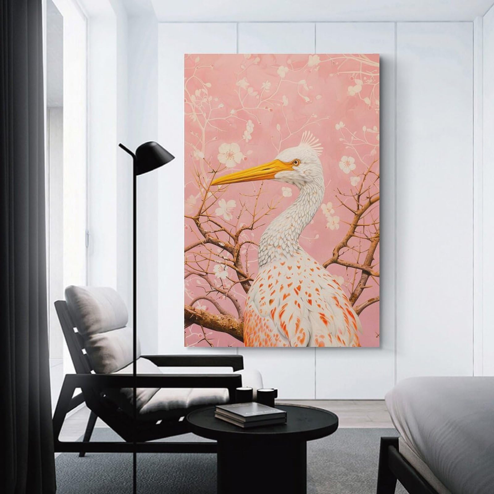 Junmoney Unframe-Style-10 Elegant Heron With Cherry Blossoms Room Decor Wall Art 24X36inch(60X90cm), For Lounge Decor, Offices Or Entryway Styling, A Flexible Wall Accent For Shared Spaces