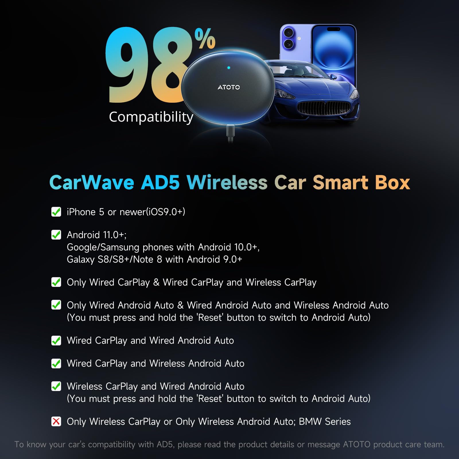 Adaptador inalámbrico CarPlay, Magic AI Box CarPlay con Estabilidad de Doble WiFi, Compatible con CarPlay y Android Auto de fábrica con Cable, Compatible con Youtube/Netflix (Oval - Negro)