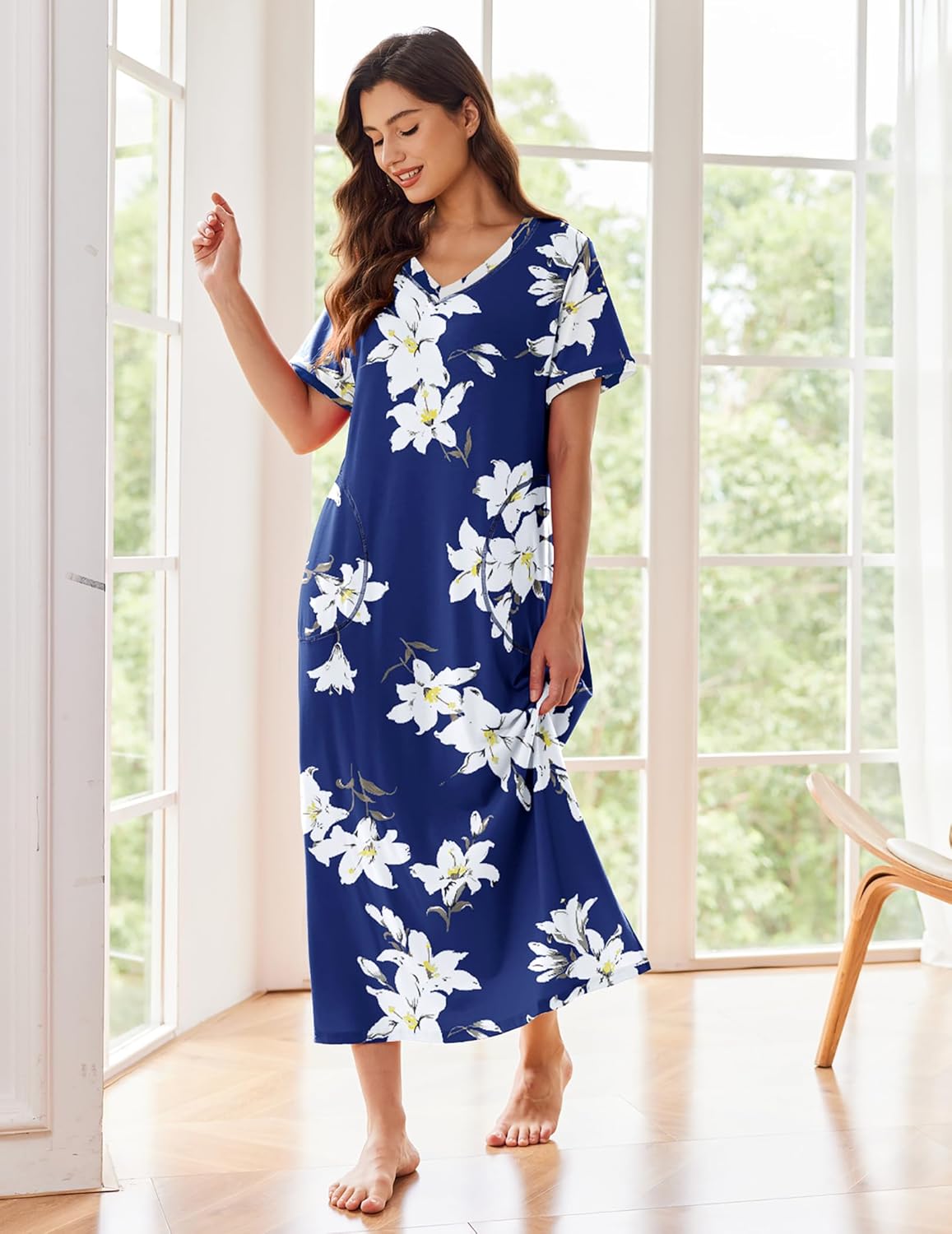 Ekouaer Women's Full Length Short Sleeve Nightgown - Image 2