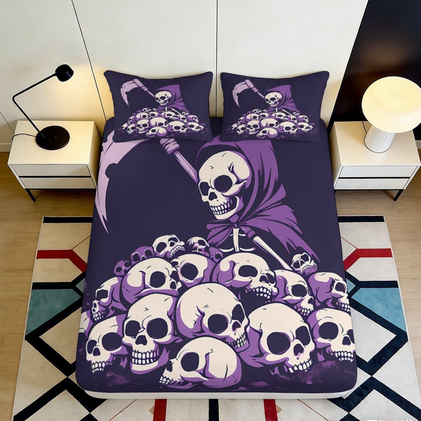 3D Printed Grim Reaper Fitted Sheet Microfiber Purple Skull Art Mattress Cover for Bedroom Dorm Soft Washable 90x200x25cm