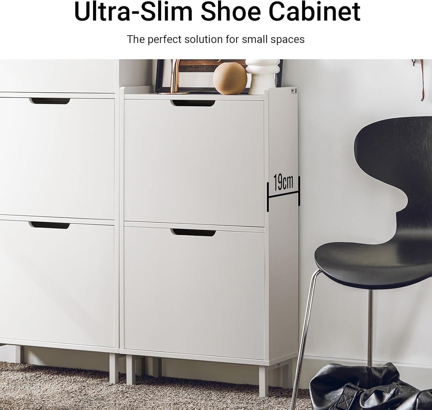 Assembled Haotian Slim Shoe Cabinet FSR151-W in a white entryway, showcasing its compact design and two flip-drawers.