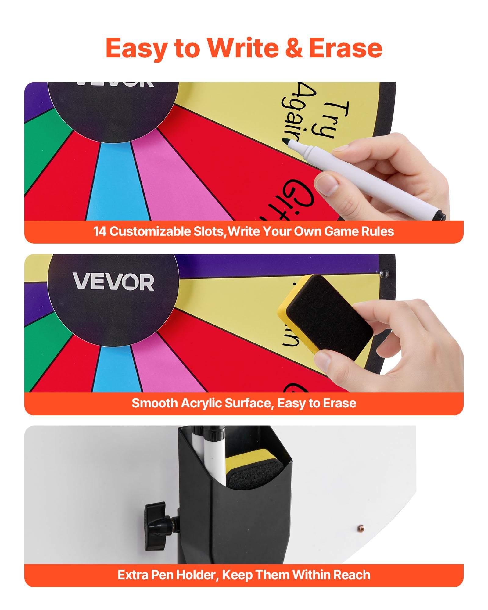 VEVOR Ruota dei Premi Girevole da 610 mm, Ruota Girevole a 14 Slot con Treppiede, Altezza Regolabile, Roulette Win Fortune con Cancellabile a Secco e 2 Pennarelli, 6 Colori, per Feste, Pub, Carnevale