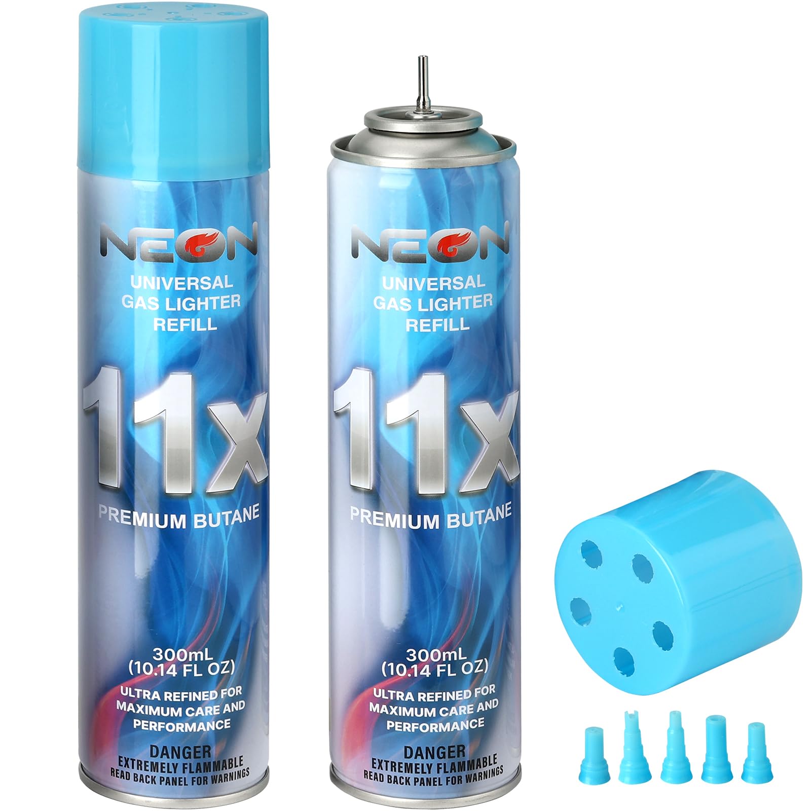 Amazon.com: NEON Butane Fuel Refill, 11X Ultra-Refined, 300ml Premium Lighter  Fluid with Metal Nozzle & 5 Butane Gas Refill Adapters for Refillable Jet  Flame Lighters, Torches, and Culinary Use, 2 Cans :