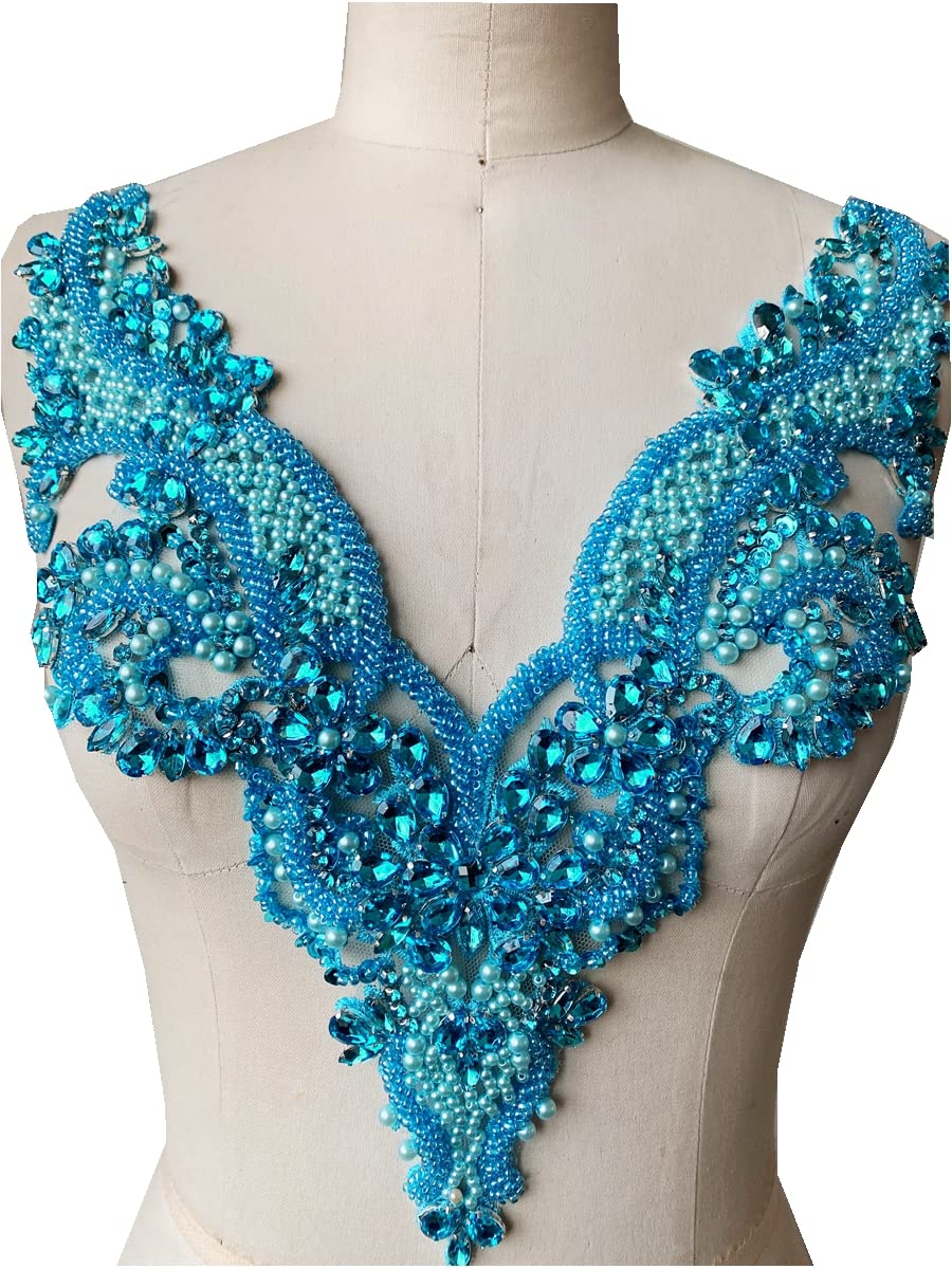 Handmade Rhinestone Lace Applique Patch - Sew-On Beaded Trimming For Dresses & Clothing (Sky Blue)