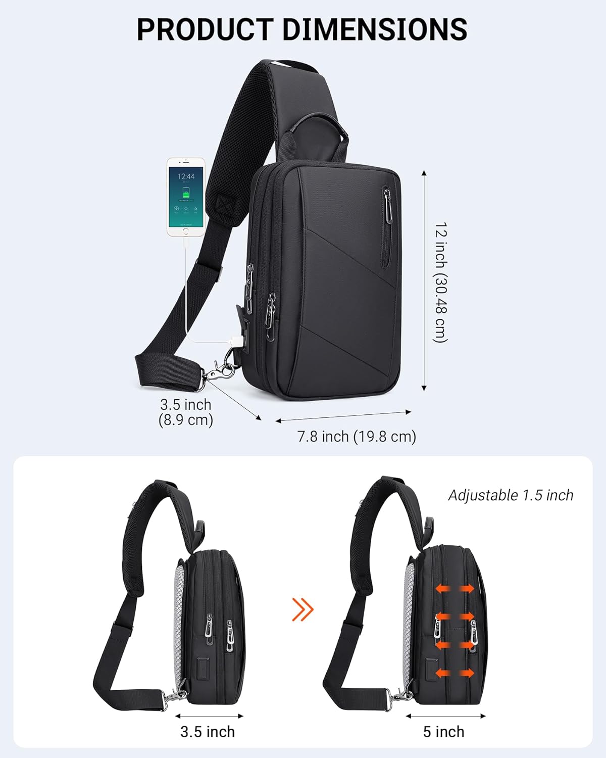 WITZMAN Sling Bag for Men Large Nylon Crossbody Shoulder Bag with USB Charging Port Travel Casual Hiking Daypack