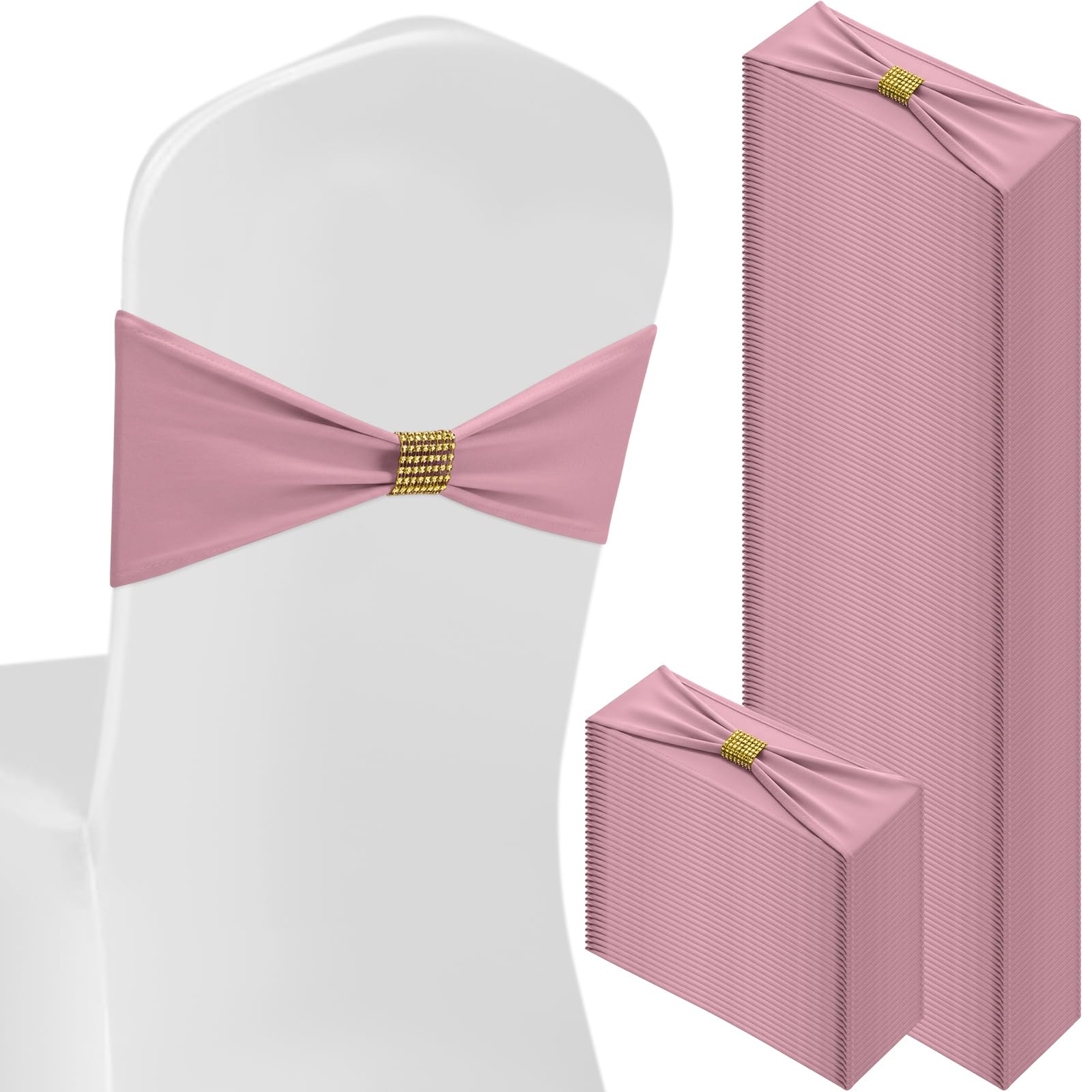 Photo 1 of Hahafelt 100 Pcs Spandex Chair Sashes Bows with Rhinestone Ring Buckle Slider Elastic Universal Bowknot Chair Cover Bands Ties for Wedding Banquet Ceremony Event Party Decoration (Dusty Pink)