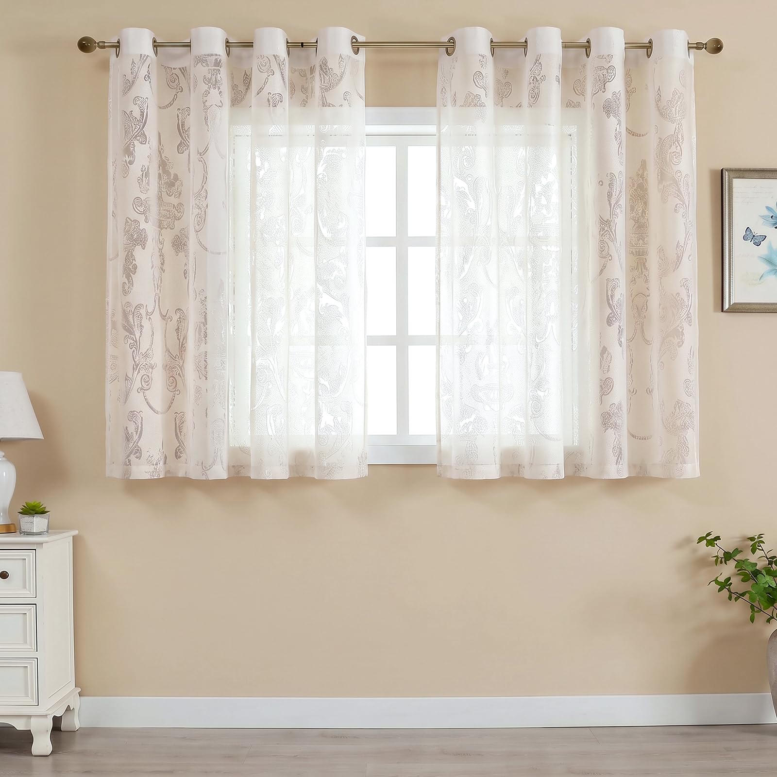 Cream Floral Jacquard Voile Curtains - Vintage Damask Eyelet Net Curtains, Semi Sheer Light Filtering Drapes for Living Room & Bedroom, French Shabby Chic Elegance (2 Panels)-W55 x L54 inch