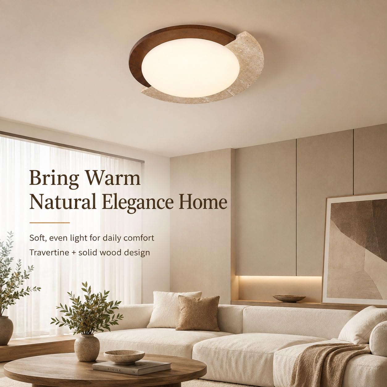 Plafoniera LED Soffitto Dimmerabile con Telecomando, Stile Wabi-Sabi in Travertino Naturale e Legno Massello, Spettro Completo, 2700–6000 K, Soggiorno e Camera da Letto,Ø45×H10cm