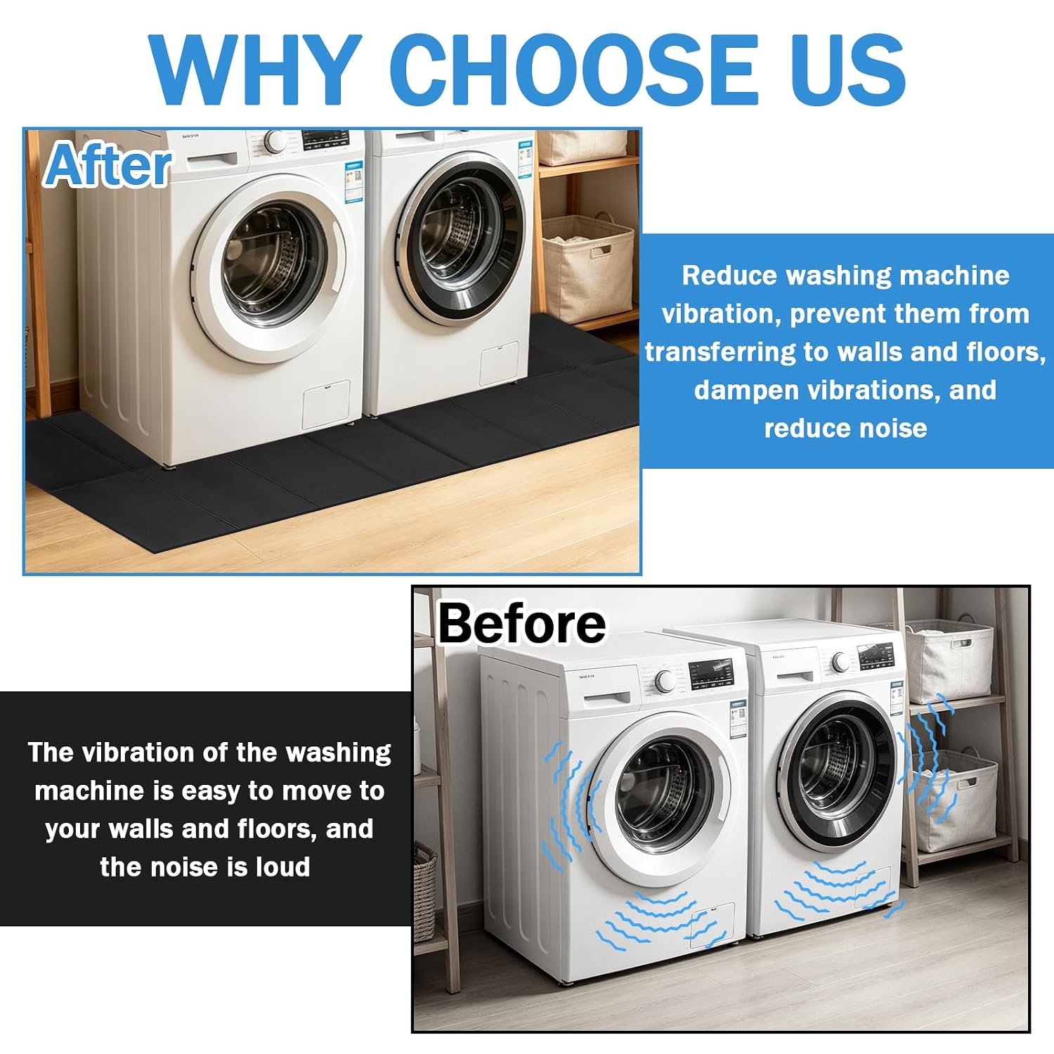 Washer Dryer Anti-Vibration Mat, 68x30'' Foldable Rubber Mat, Heavy Duty Shock Absorbing & Noise Reducing Pads, Non-Slip Waterproof Floor Protector for Washing Machine & Dryer, Vibration Control
