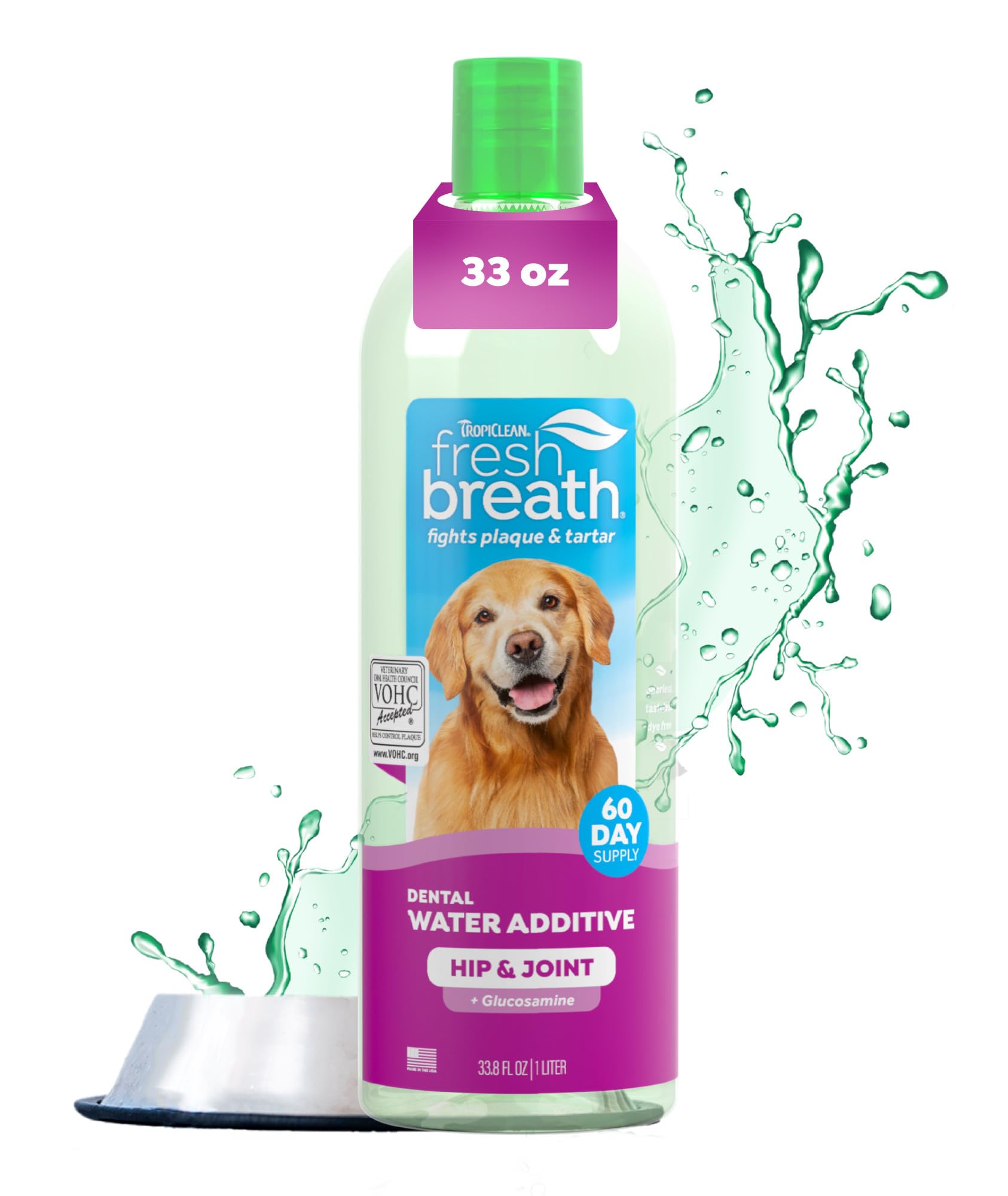 TropiClean Fresh Breath Water Additive for Dogs with Glucosamine, Hip and Joint Support for Dogs, Breath Freshener & Teeth Cleaning Solution, 33.8oz.