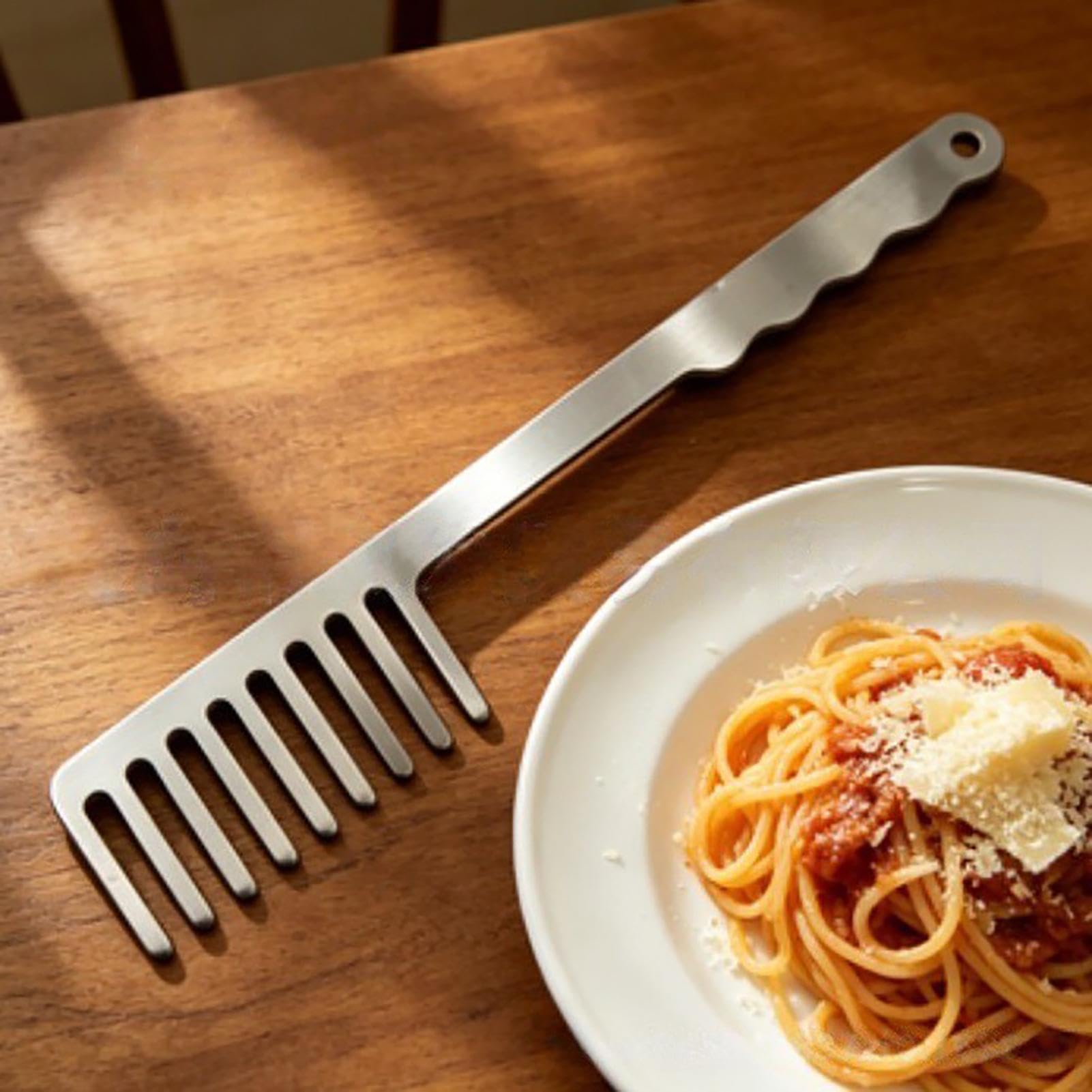 Spaghetti-Gabel-Kamm-Servierer, Edelstahl, hitzebeständiges Kochwerkzeug für reibungslose Servierkontrolle, starke rostfreie Konstruktion, Küche, Zuhause,