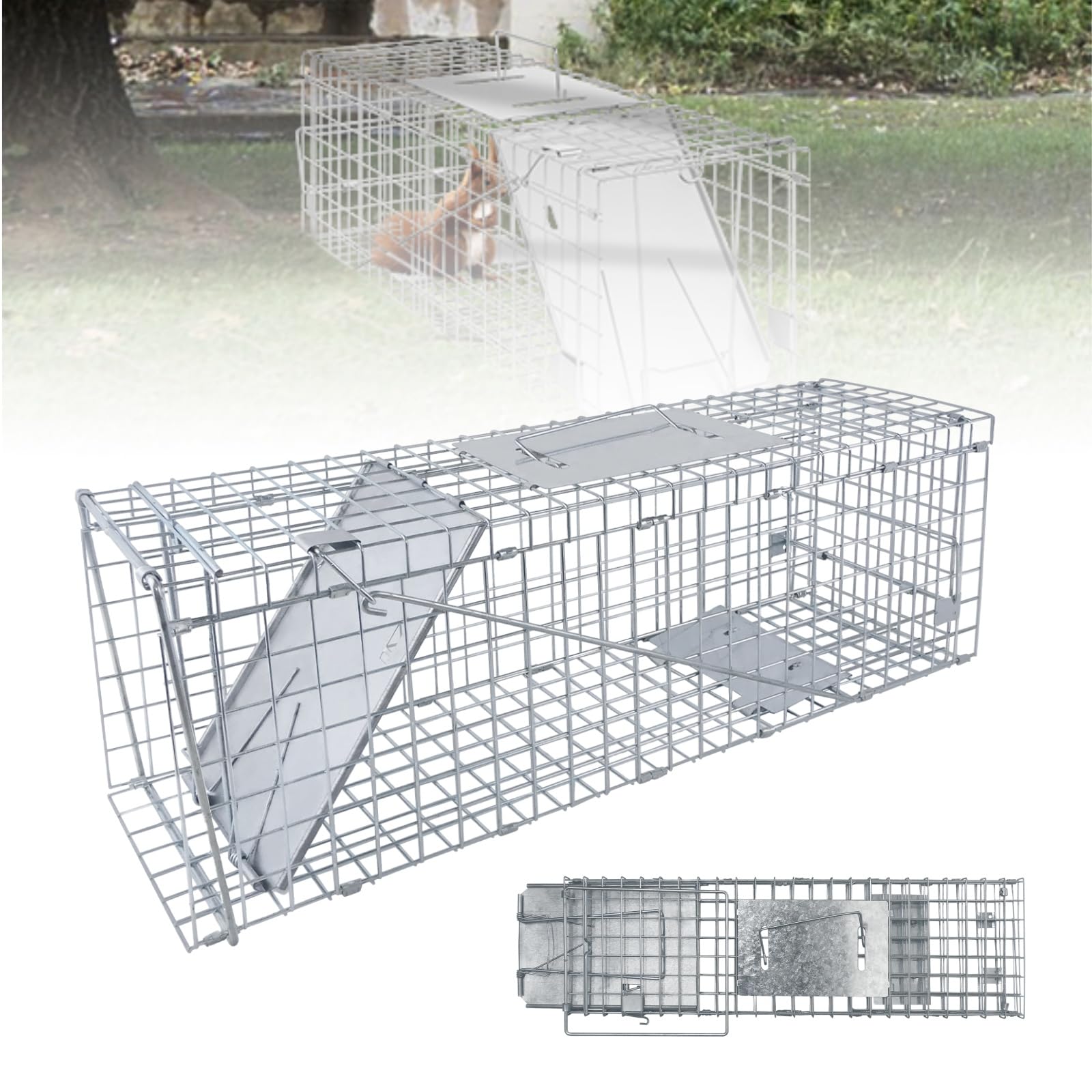 Piège de Capture Animaux 62x19x22 cm - Cage Trappe Pliable en Fil de Fer Galvanisé avec Poignée Piège - pour Ratons Laveurs, Martres et Chats - Installation Facile et sans Danger pour Animaux