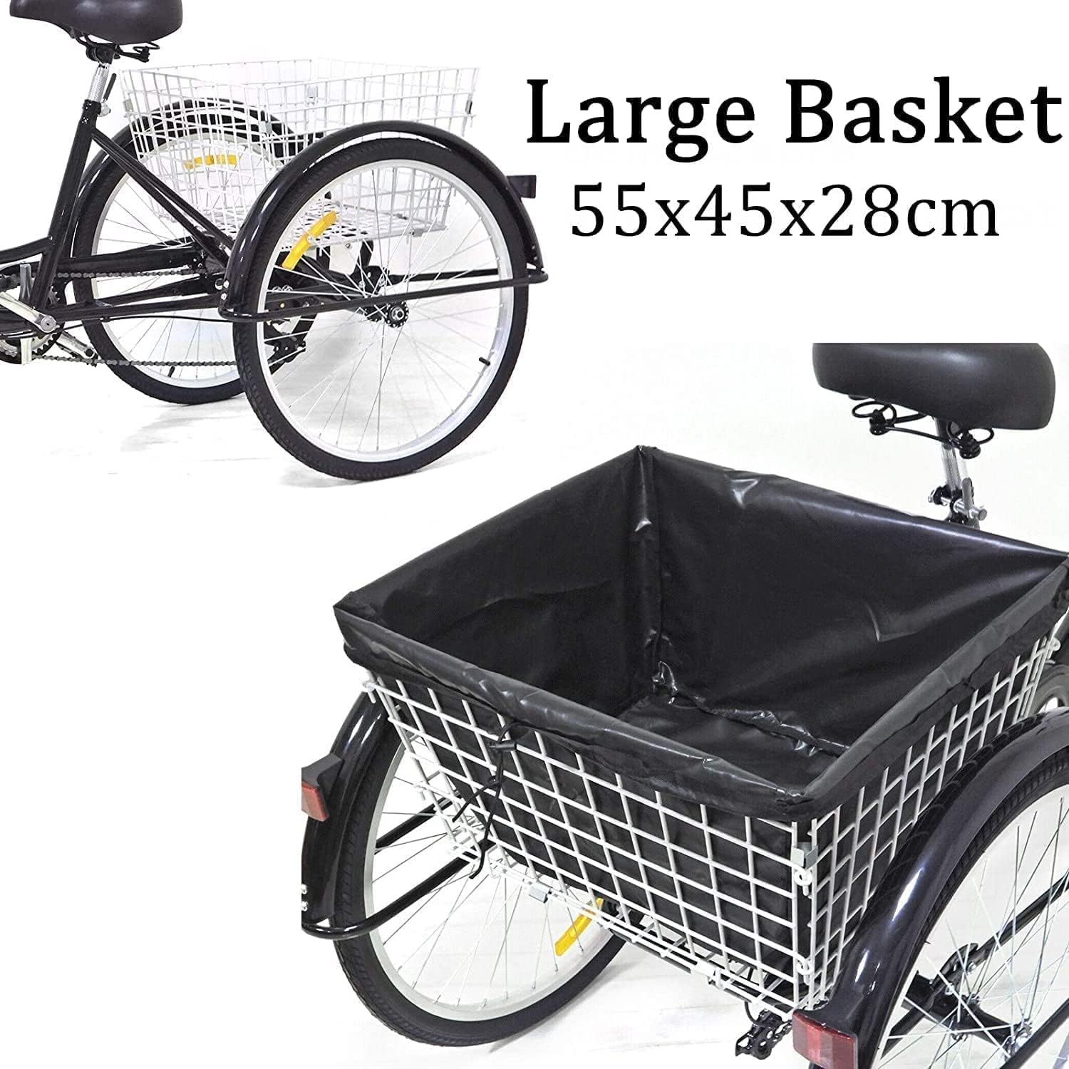 24" Dreiräder Erwachsene mit Korb - 8 Gang Dreirad für Erwachsene 110KG Last Höhenverstellbar 3 Räder Fahrrad Cityräder Cruise Einkaufsrad für 155-185cm Senioren Frauen Ältere(Schwarz)